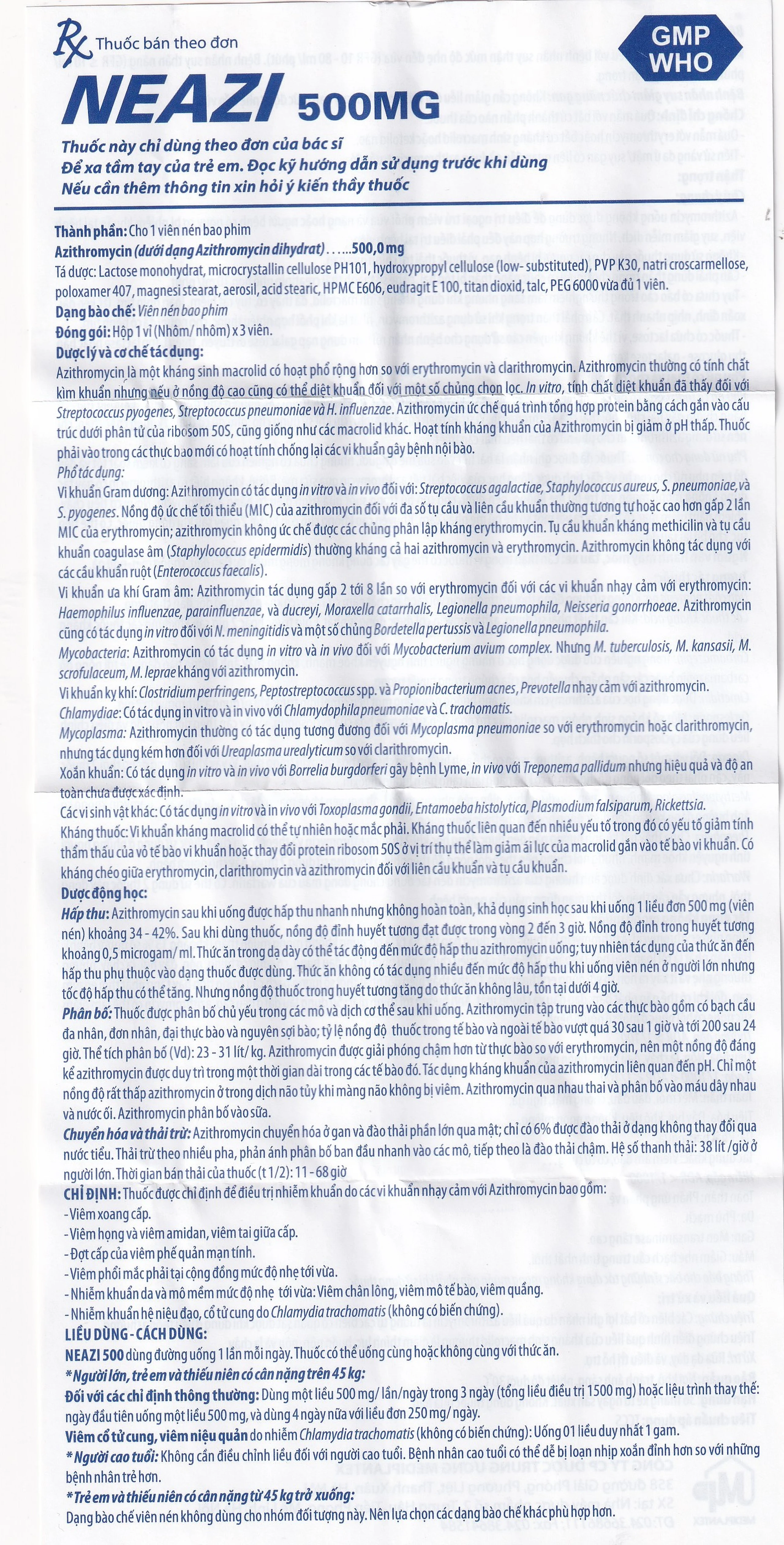 Viên nén Neazi 500mg Mediplantex điều trị viêm xoang cấp, viêm họng, amidan (1 vỉ x 3 viên)