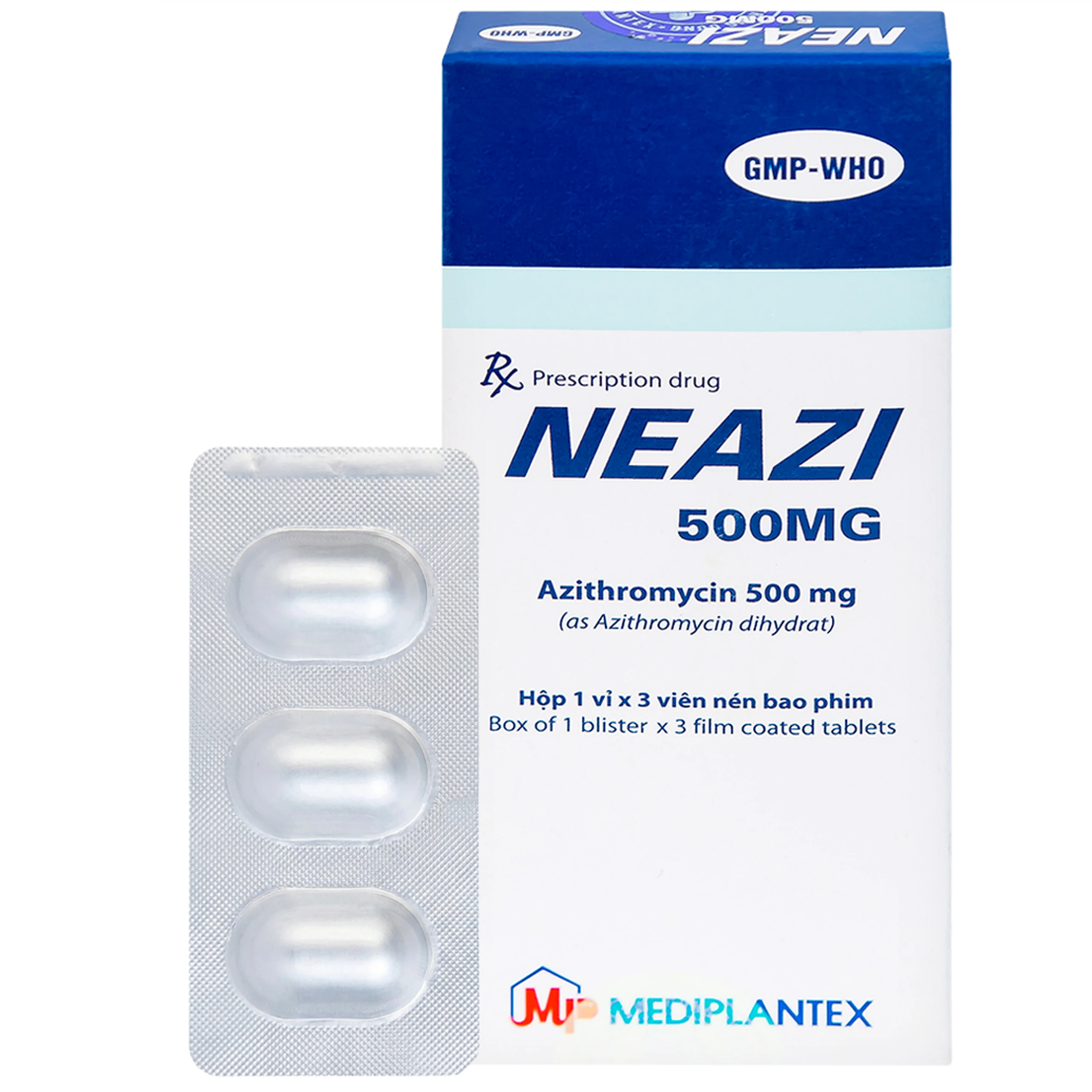 Viên nén Neazi 500mg Mediplantex điều trị viêm xoang cấp, viêm họng, amidan (1 vỉ x 3 viên)