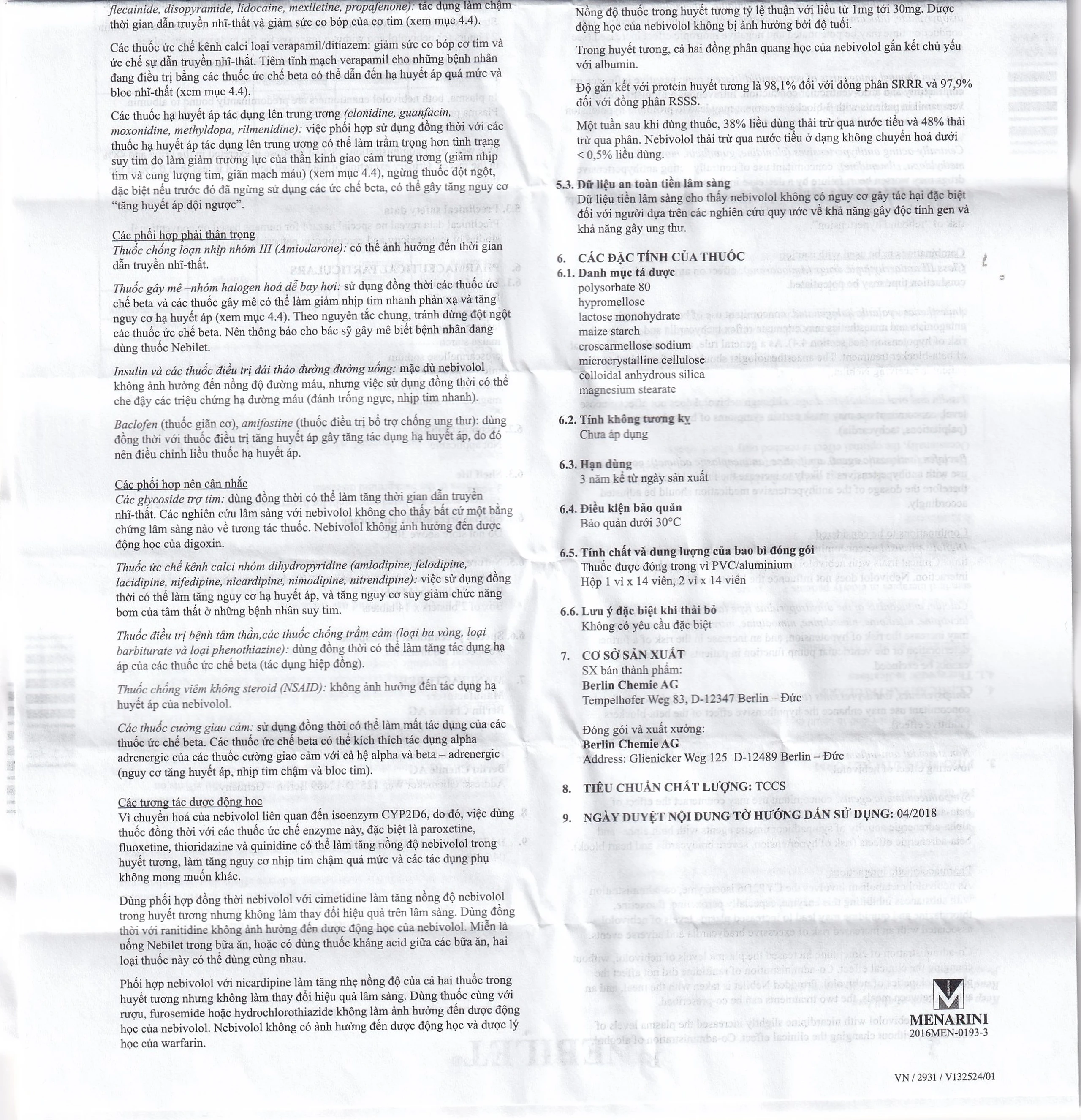 Viên nén Nebilet 5mg Menarini điều trị tăng huyết áp và suy tim mạn tính (1 vỉ x 14 viên)