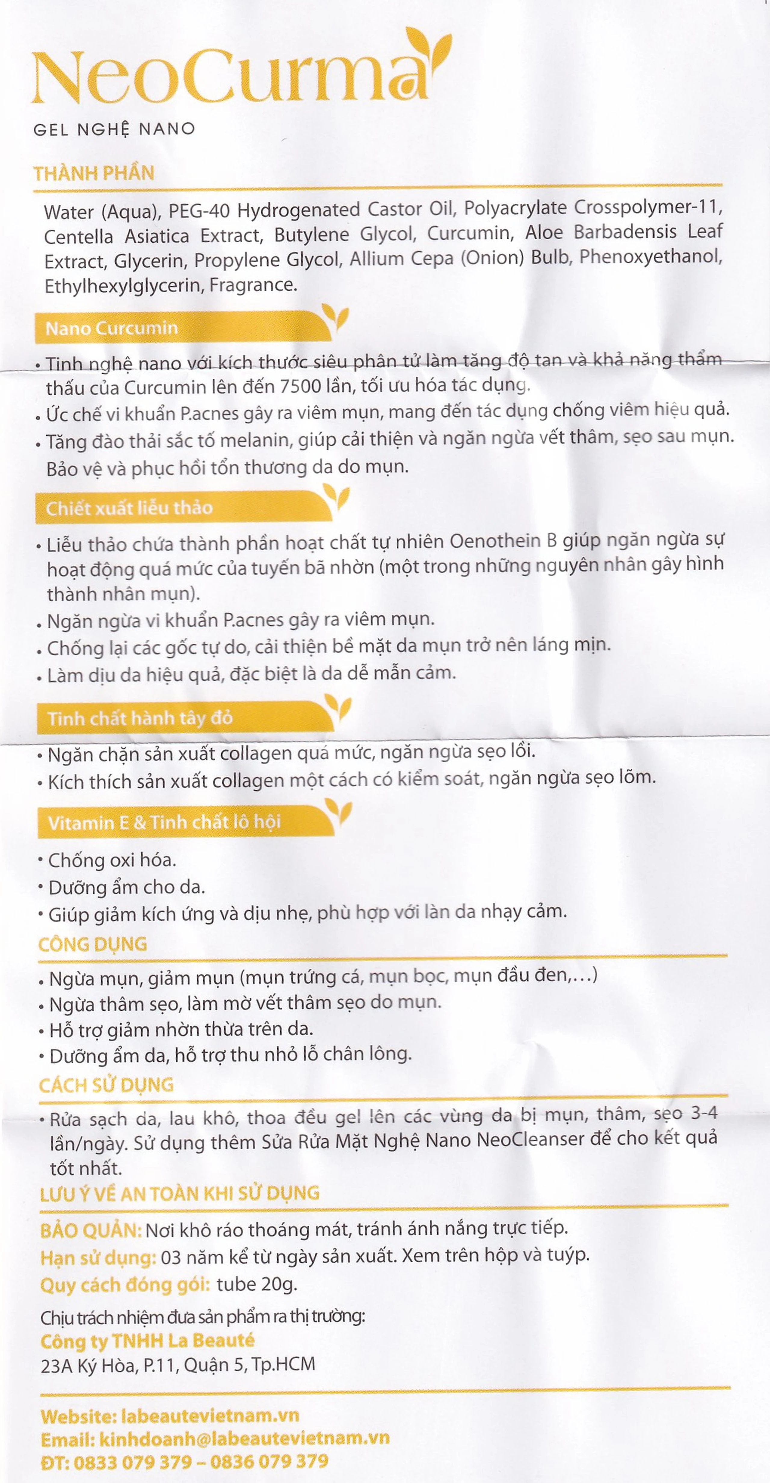 Gel Nghệ Nano NeoCurma ngừa mụn, ngừa sẹo, mờ vết thâm (20g)