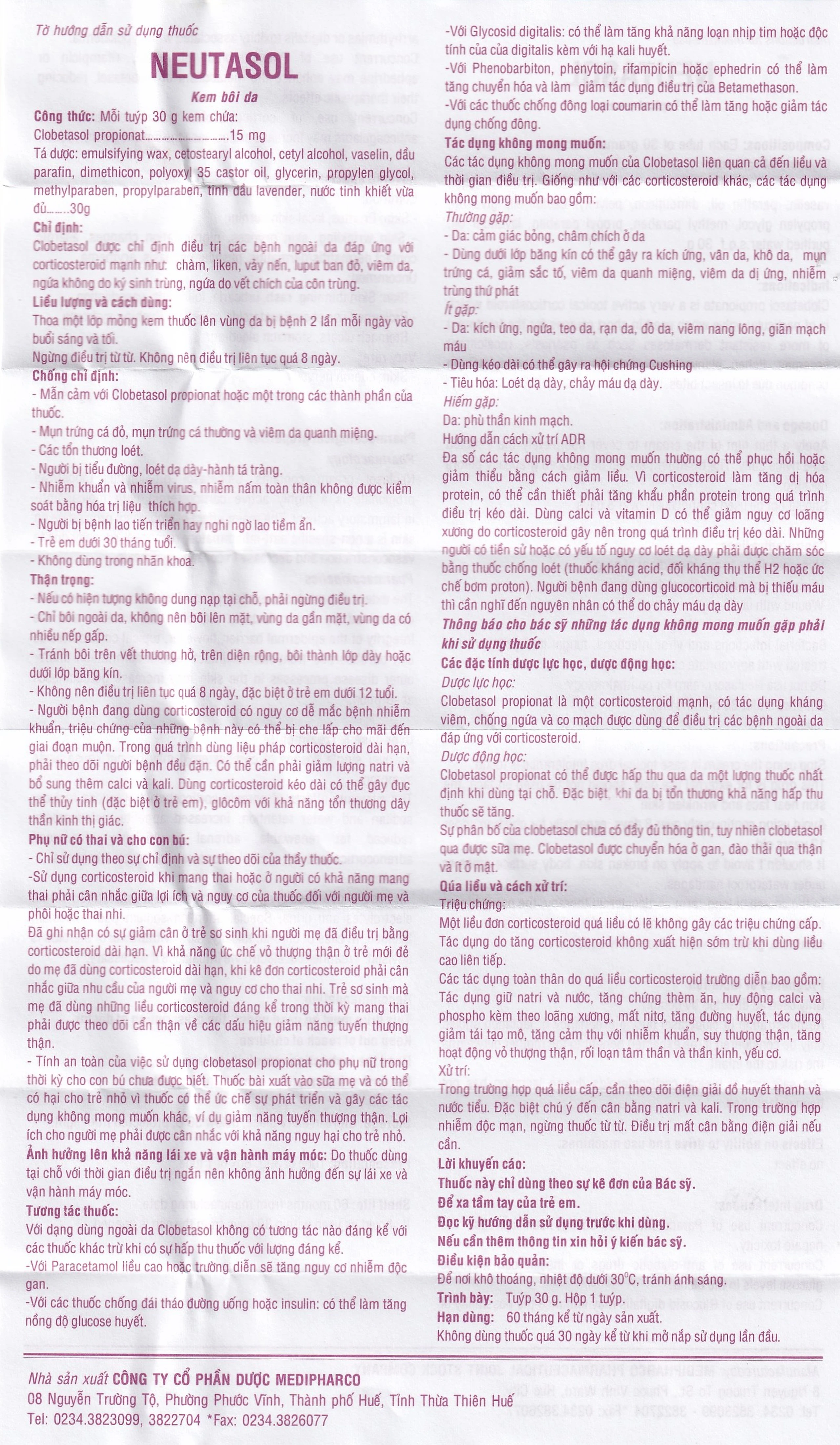 Kem bôi da Neutasol Medipharco điều trị chàm, liken, vảy nến, lupus ban đỏ (30g)