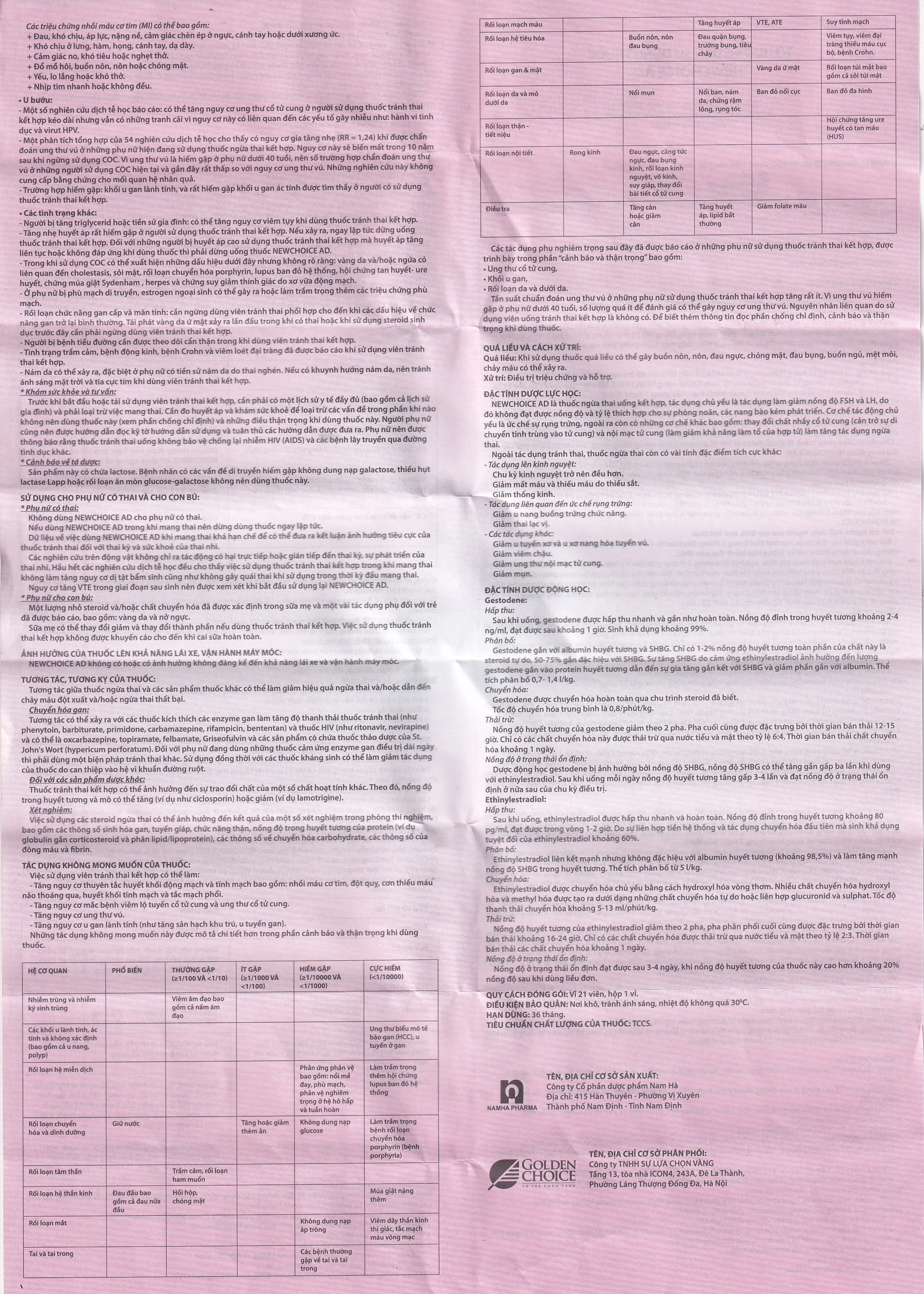 Thuốc tránh thai hàng ngày New Choice AD Advanced Formula Nam Hà (1 vỉ x 21 viên)