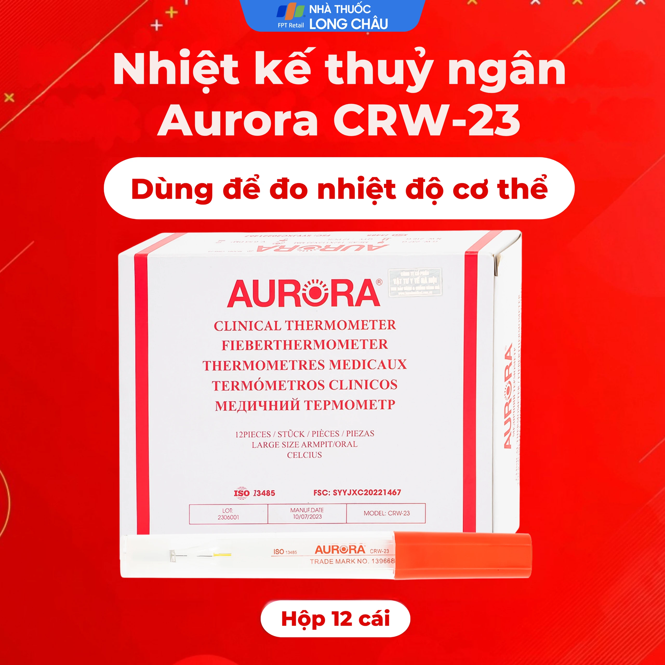 Nhiệt kế thuỷ ngân đo thân nhiệt cơ thể Aurora CRW-23