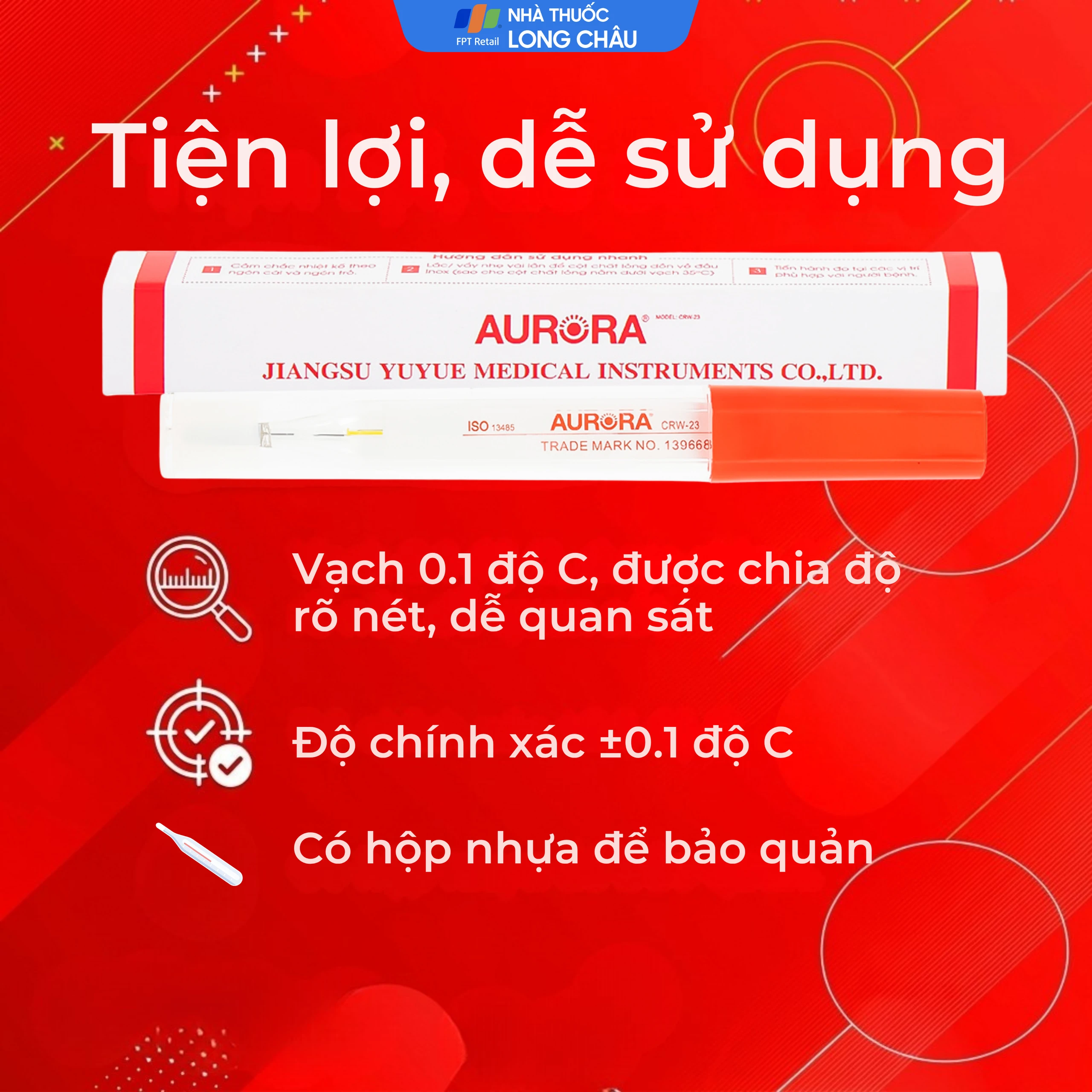 Nhiệt kế thuỷ ngân đo thân nhiệt cơ thể Aurora CRW-23