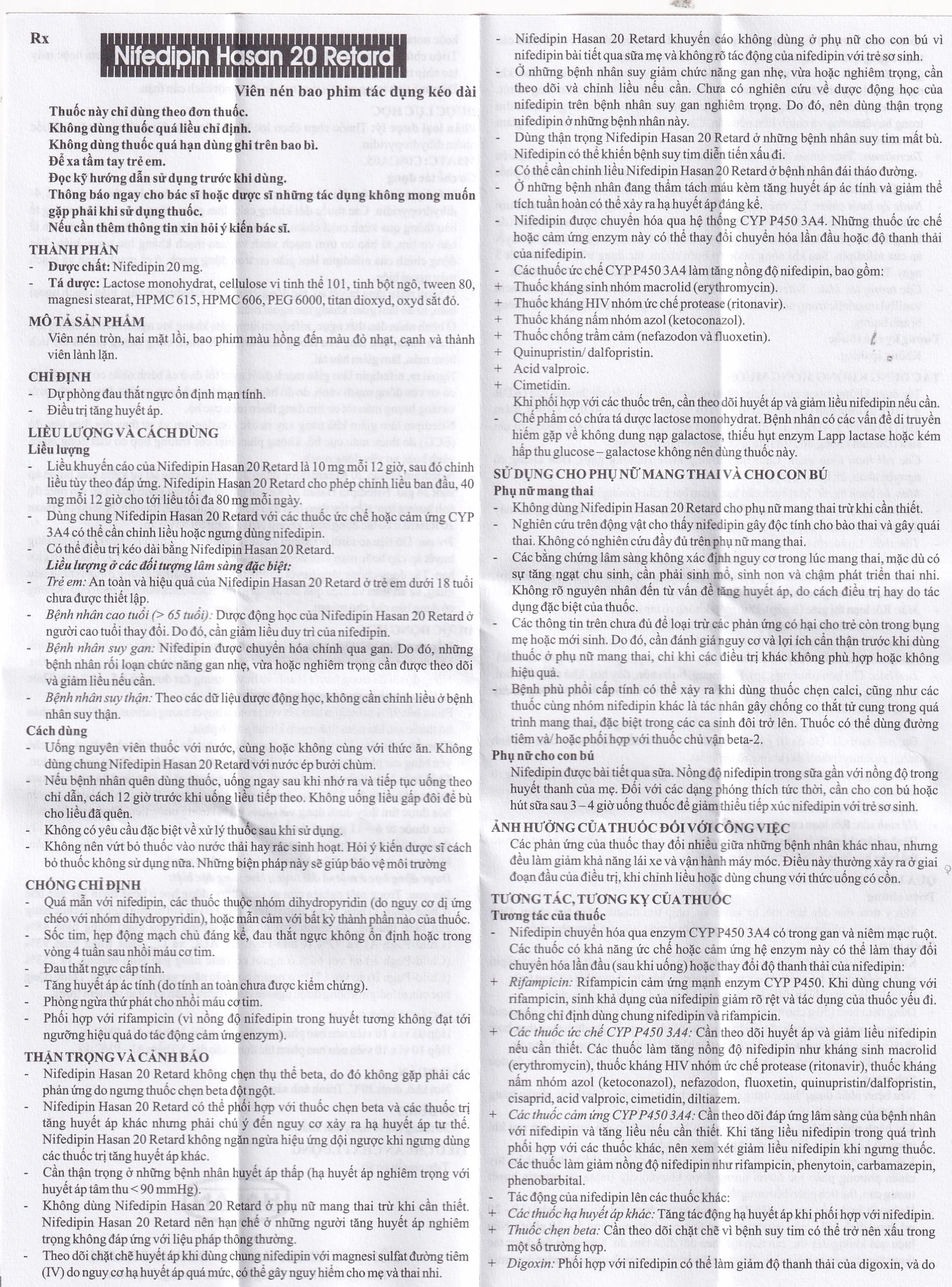 Viên nén Nifedipin Hasan 20 Retard Hasan điều trị tăng huyết áp (10 vỉ x 10 viên)