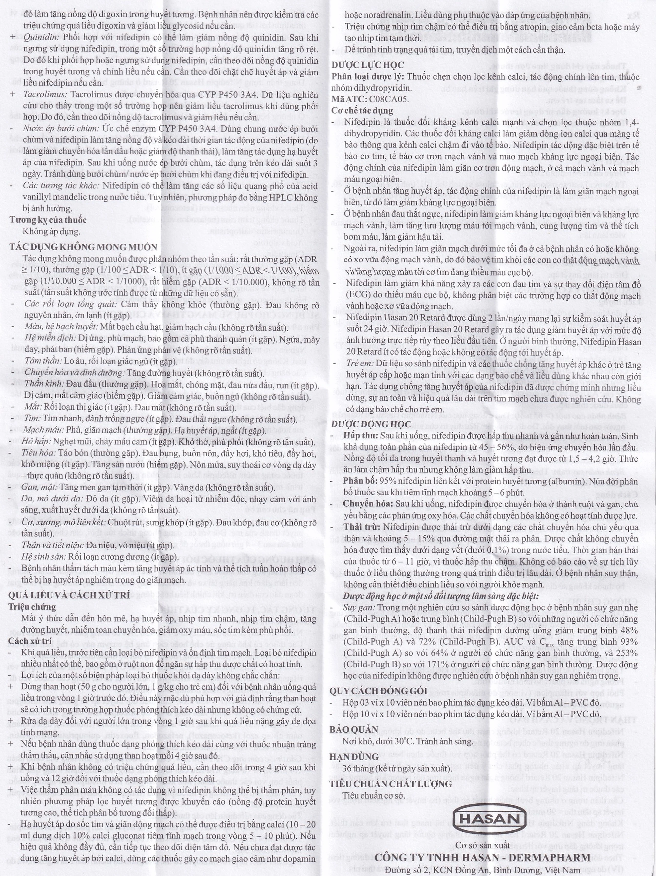 Viên nén Nifedipin Hasan 20 Retard Hasan điều trị tăng huyết áp (10 vỉ x 10 viên)