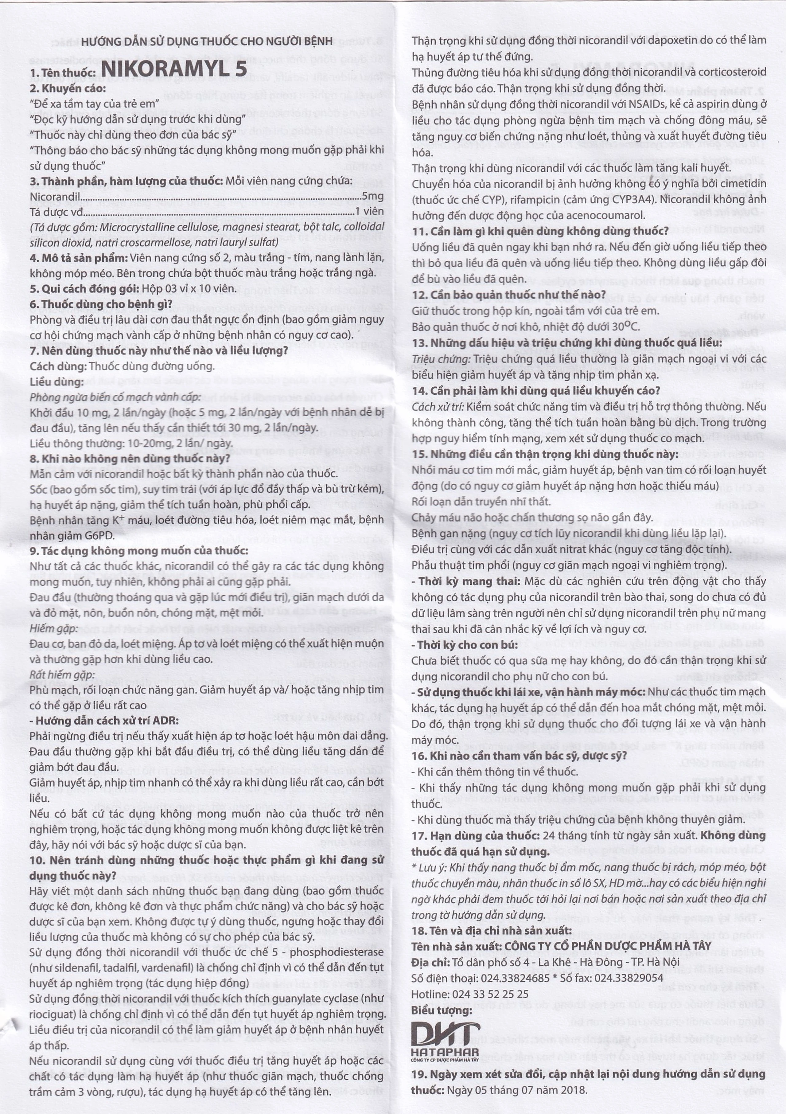 Viên nang cứng Nikoramyl 5 Hà Tây phòng và điều trị cơn đau thắt ngực (3 vỉ x 10 viên) 