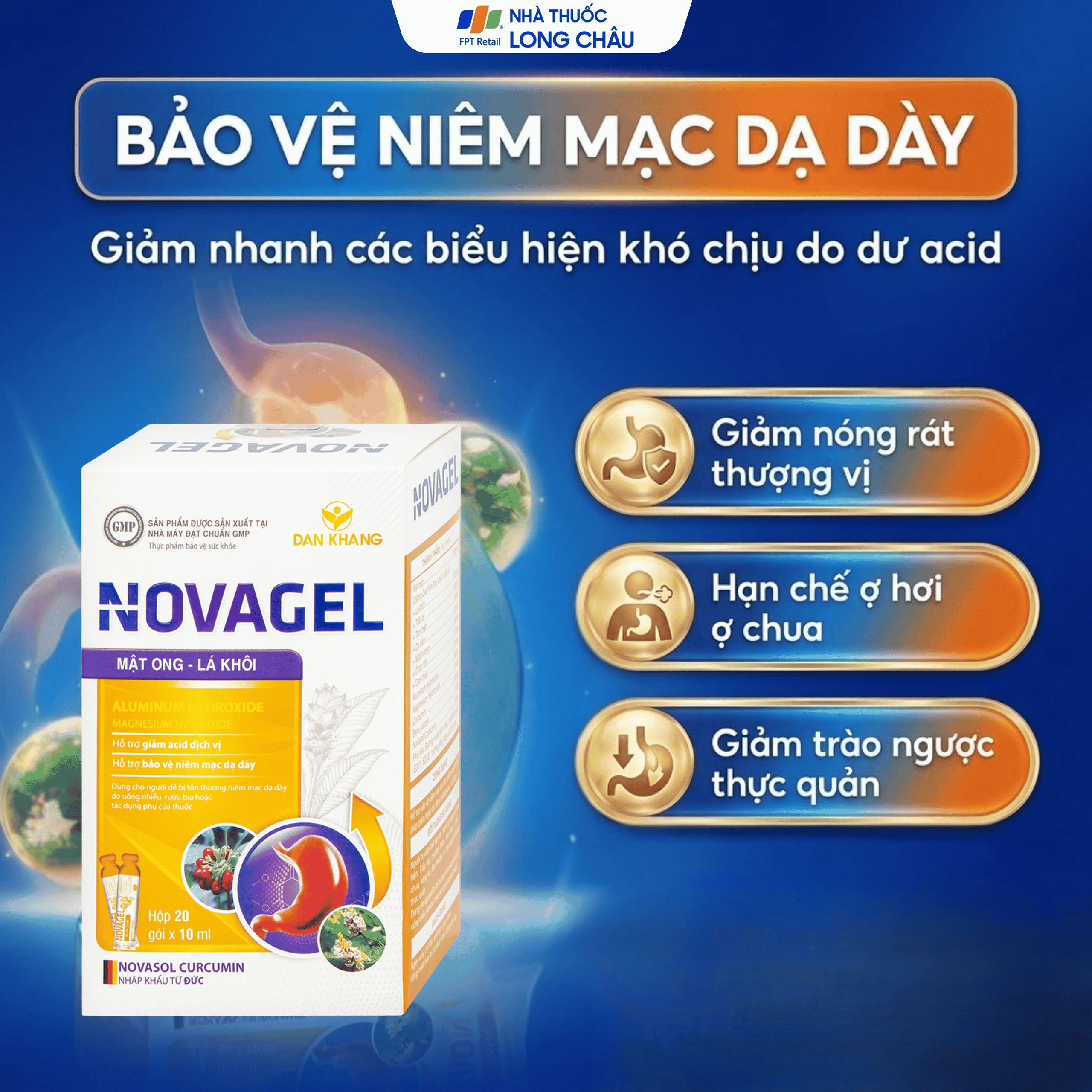 Thực phẩm bảo vệ sức khỏe Novagel Dân Khang hỗ trợ giảm acid dịch vị, bảo vệ niêm mạc dạ dày (Hộp 20 gói x 10ml) 4