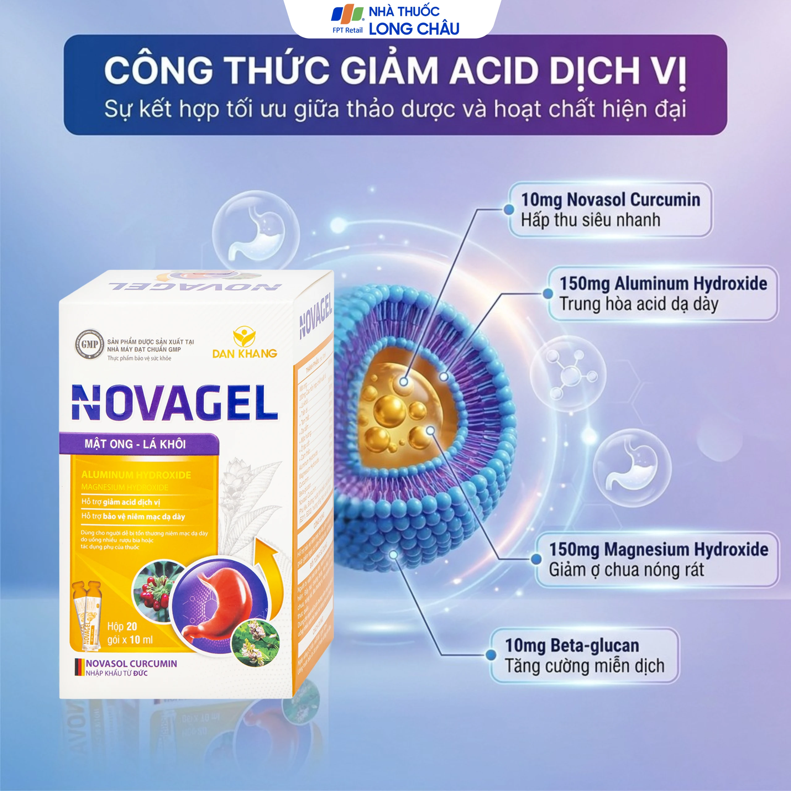 Thực phẩm bảo vệ sức khỏe Novagel Dân Khang hỗ trợ giảm acid dịch vị, bảo vệ niêm mạc dạ dày (Hộp 20 gói x 10ml) 3