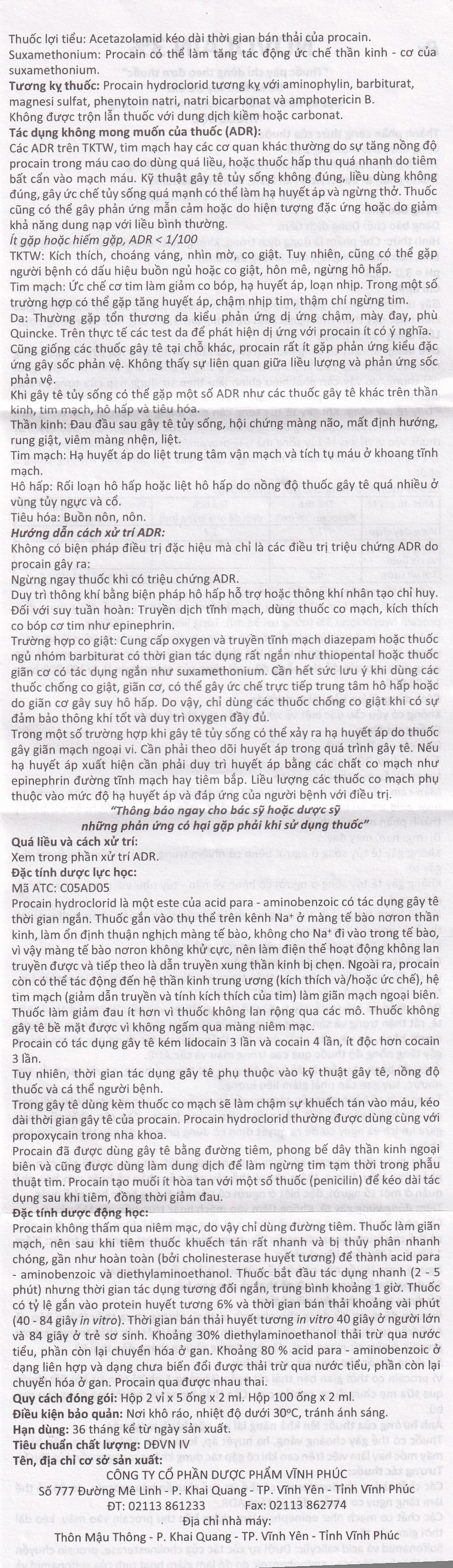 Dung dịch tiêm Novocain 3% Vinphaco gây tê tiêm thấm, gây tê vùng, gây tê tủy sống (100 ống x 2ml) 