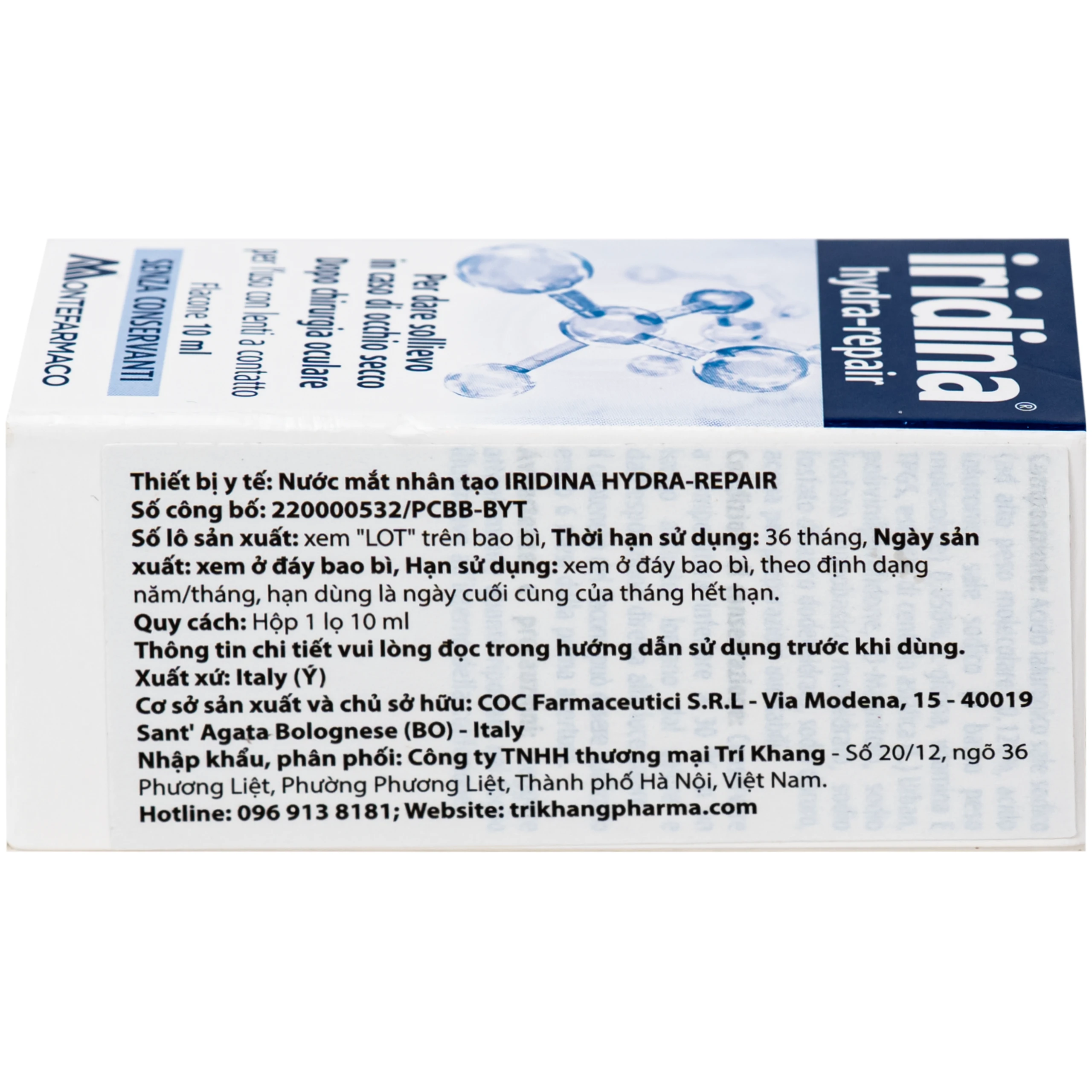 Nước mắt nhân tạo Iridina hydra-repair Giảm Kích Ứng, khô mắt, bảo vệ và phục hồi nhãn cầu (10ml) 8