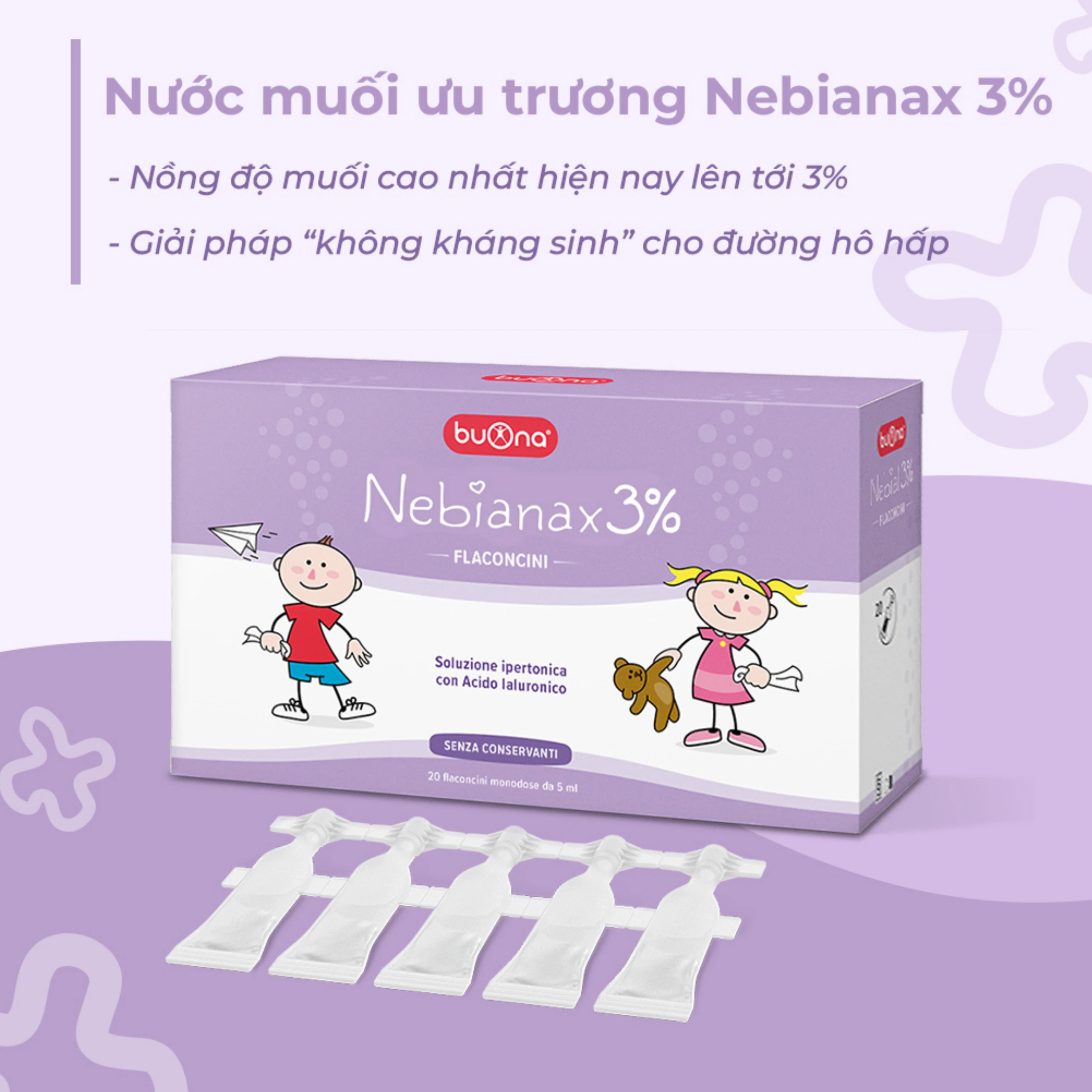 Nước muối sinh lý ưu trương Buona Nebianax 3% (20 ống) hỗ trợ điều trị nhiễm khuẩn đường hô hấp