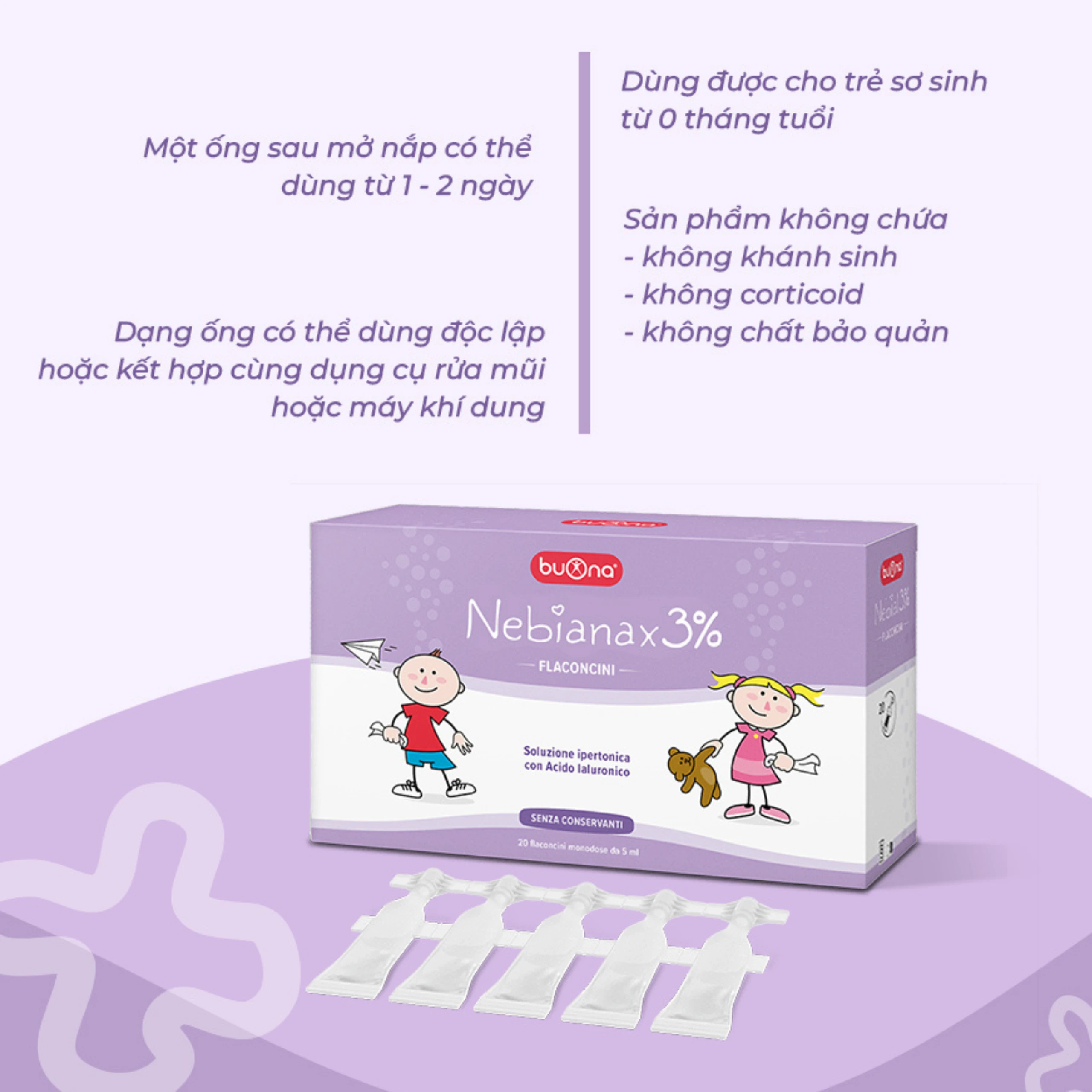 Nước muối sinh lý ưu trương Buona Nebianax 3% (20 ống) hỗ trợ điều trị nhiễm khuẩn đường hô hấp