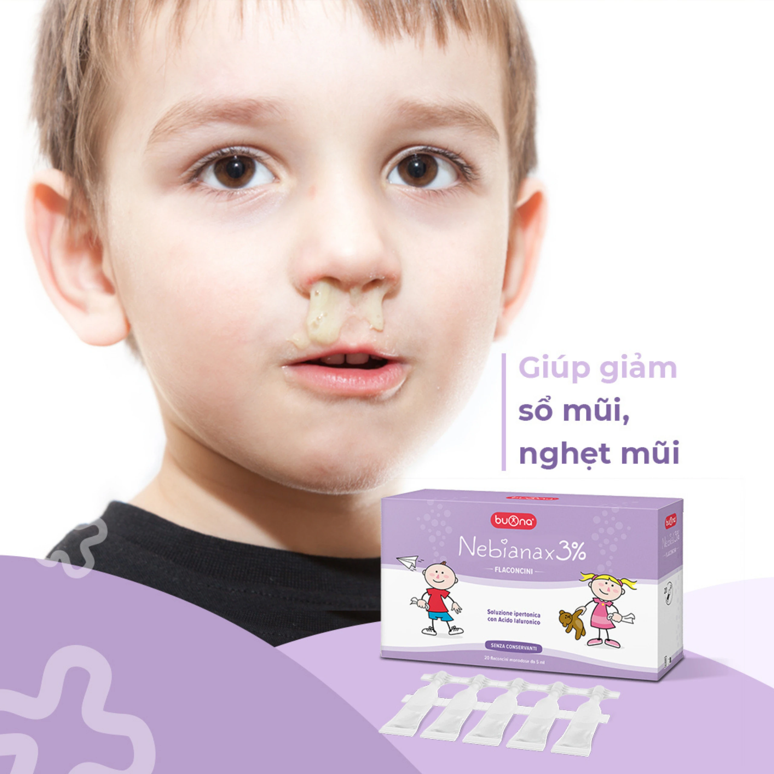 Nước muối sinh lý ưu trương Buona Nebianax 3% (20 ống) hỗ trợ điều trị nhiễm khuẩn đường hô hấp