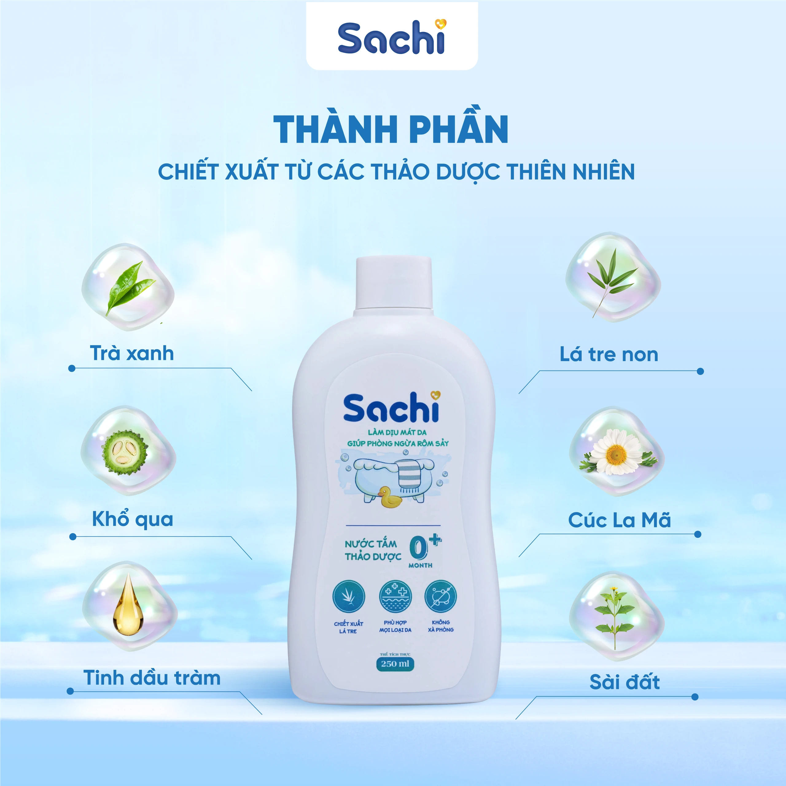 Nước tắm gội thảo dược Sachi cho bé sơ sinh từ 0 tháng tuổi 250ml Làm dịu mát da và phòng ngừa rôm sảy 4
