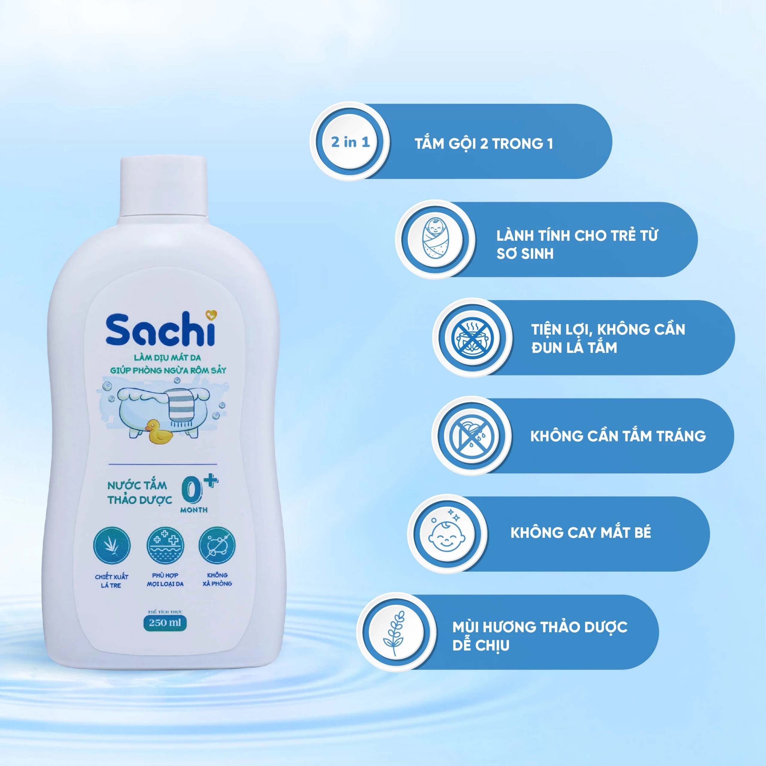 Nước tắm gội thảo dược cho bé Sachi Làm dịu mát da và phòng ngừa rôm sảy chai 250ml
