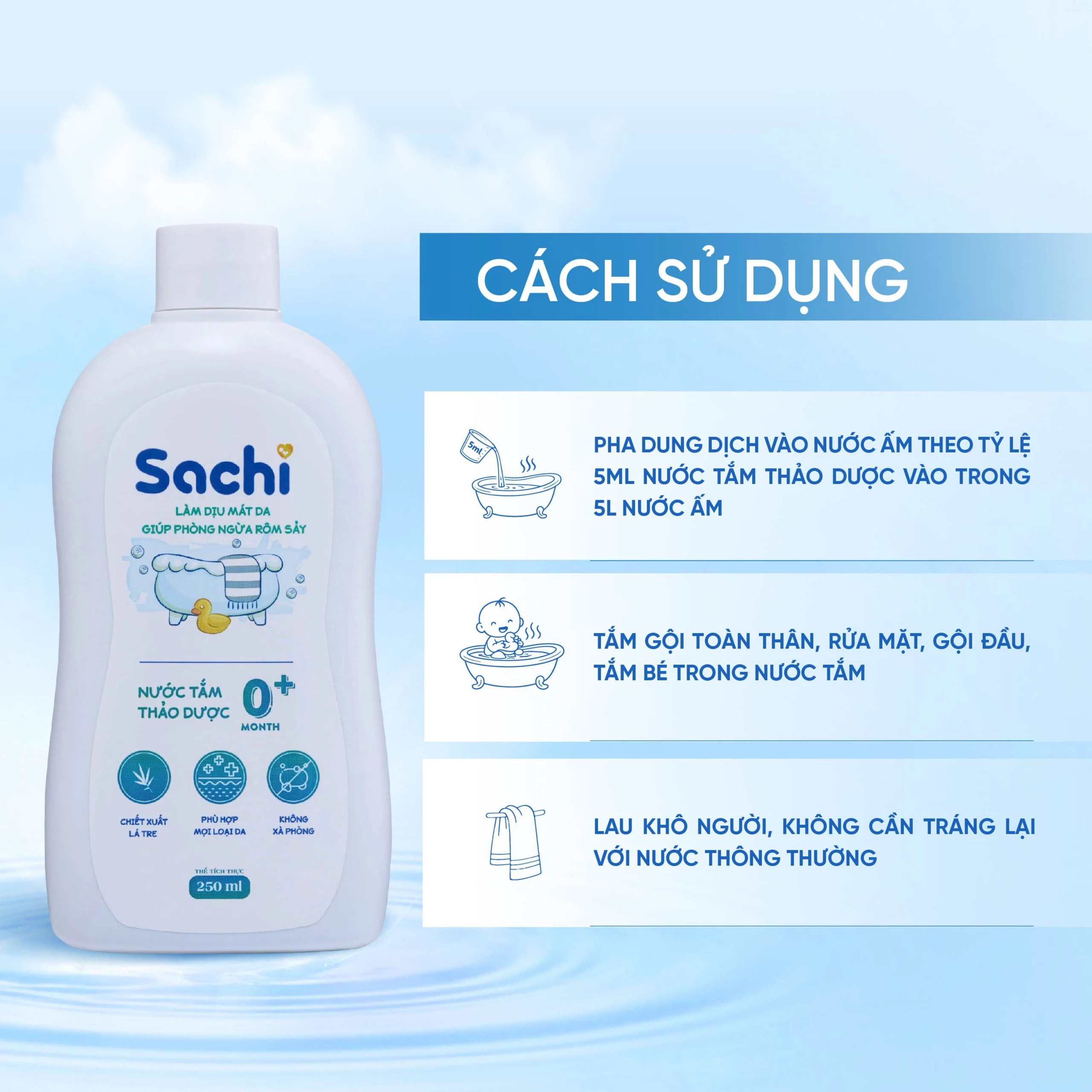Nước tắm gội thảo dược cho bé Sachi Làm dịu mát da và phòng ngừa rôm sảy chai 250ml