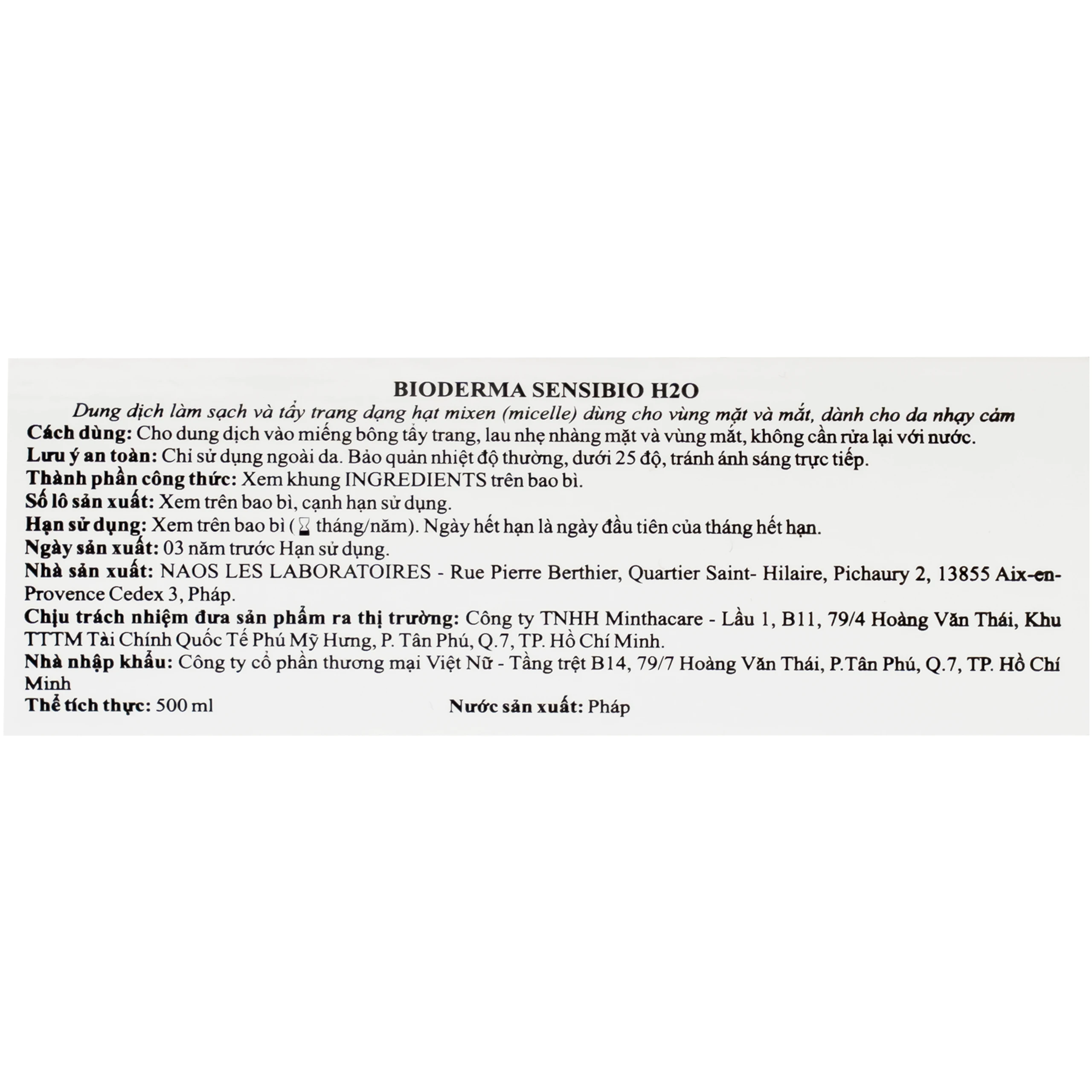 Nước tẩy trang cho da nhạy cảm Bioderma Sensibio H2O 500ml 10
