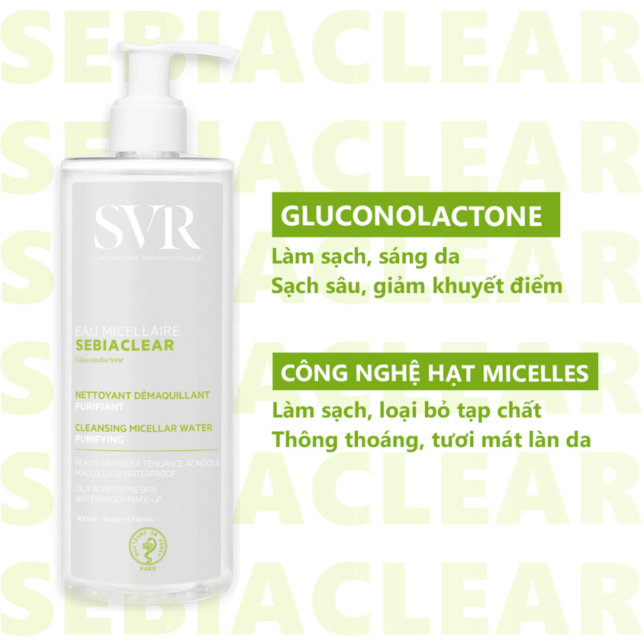 Nước tẩy trang SVR Eau Micellaire Sebiaclear làm sạch da và tẩy trang lớp trang điểm dành cho da dầu mụn (400ml) 3