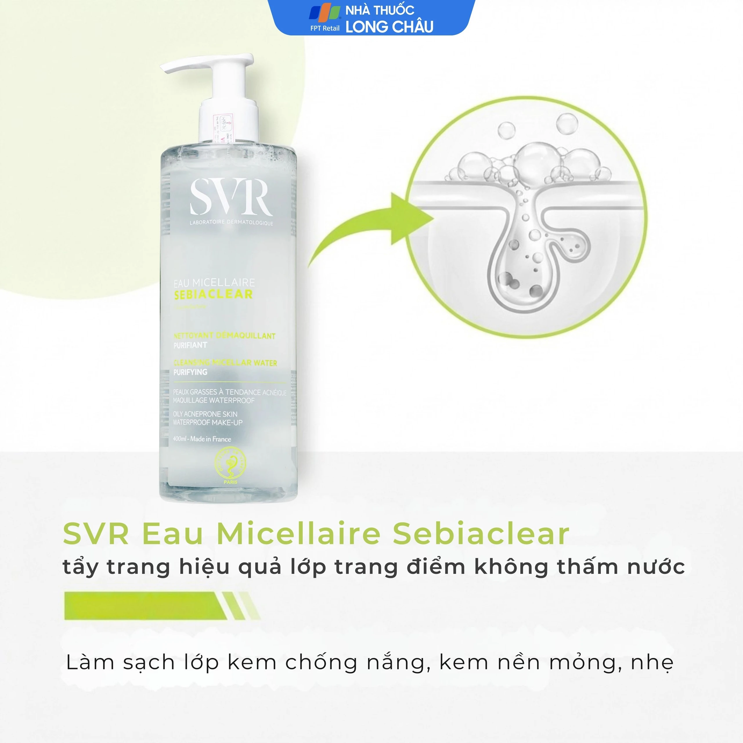 Nước tẩy trang SVR Eau Micellaire Sebiaclear 400ml làm sạch da và tẩy trang lớp trang điểm dành cho da dầu mụn