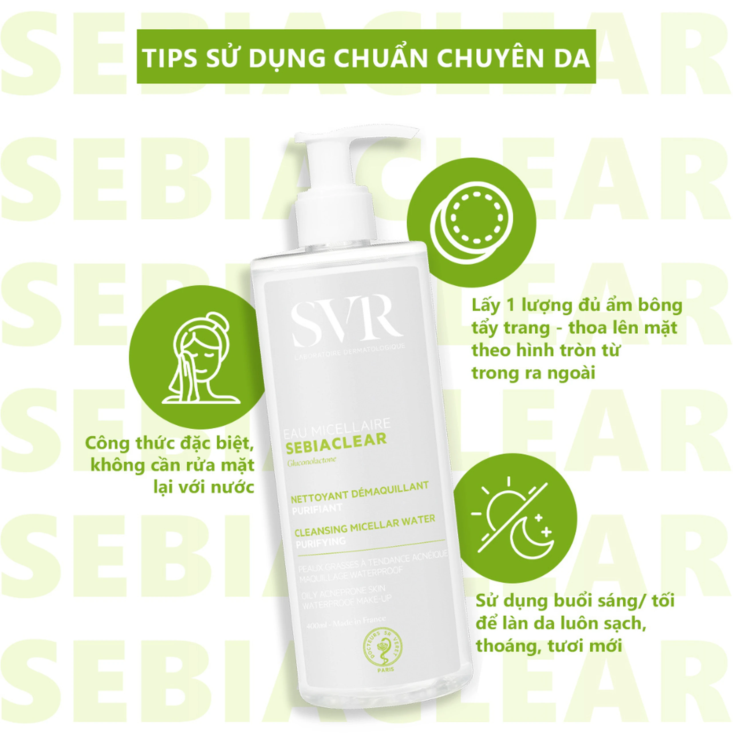 Nước tẩy trang SVR Eau Micellaire Sebiaclear làm sạch da và tẩy trang lớp trang điểm dành cho da dầu mụn (400ml) 6