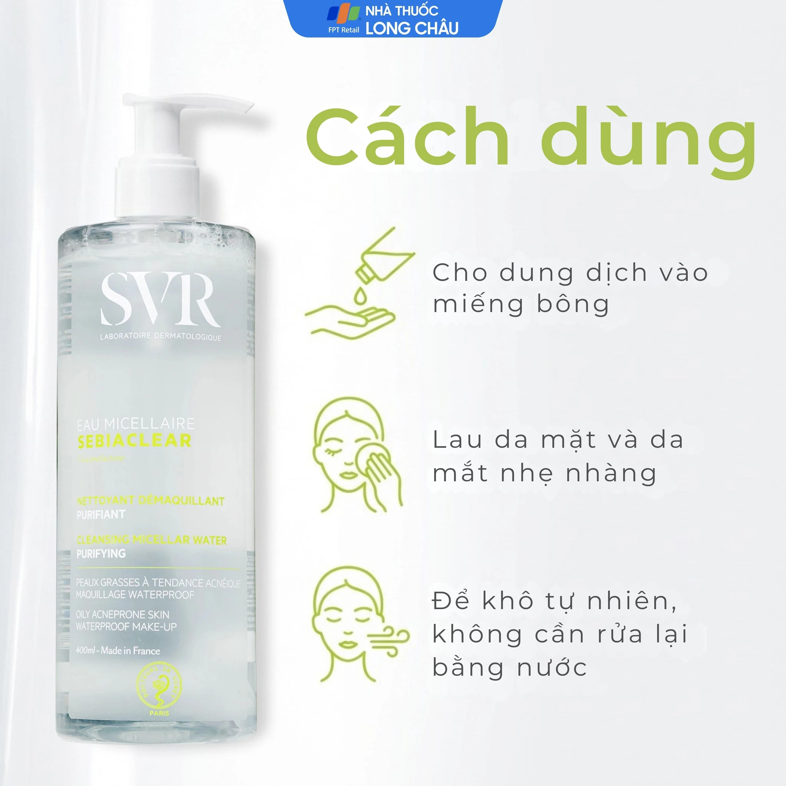 Nước tẩy trang SVR Eau Micellaire Sebiaclear 400ml làm sạch da và tẩy trang lớp trang điểm dành cho da dầu mụn