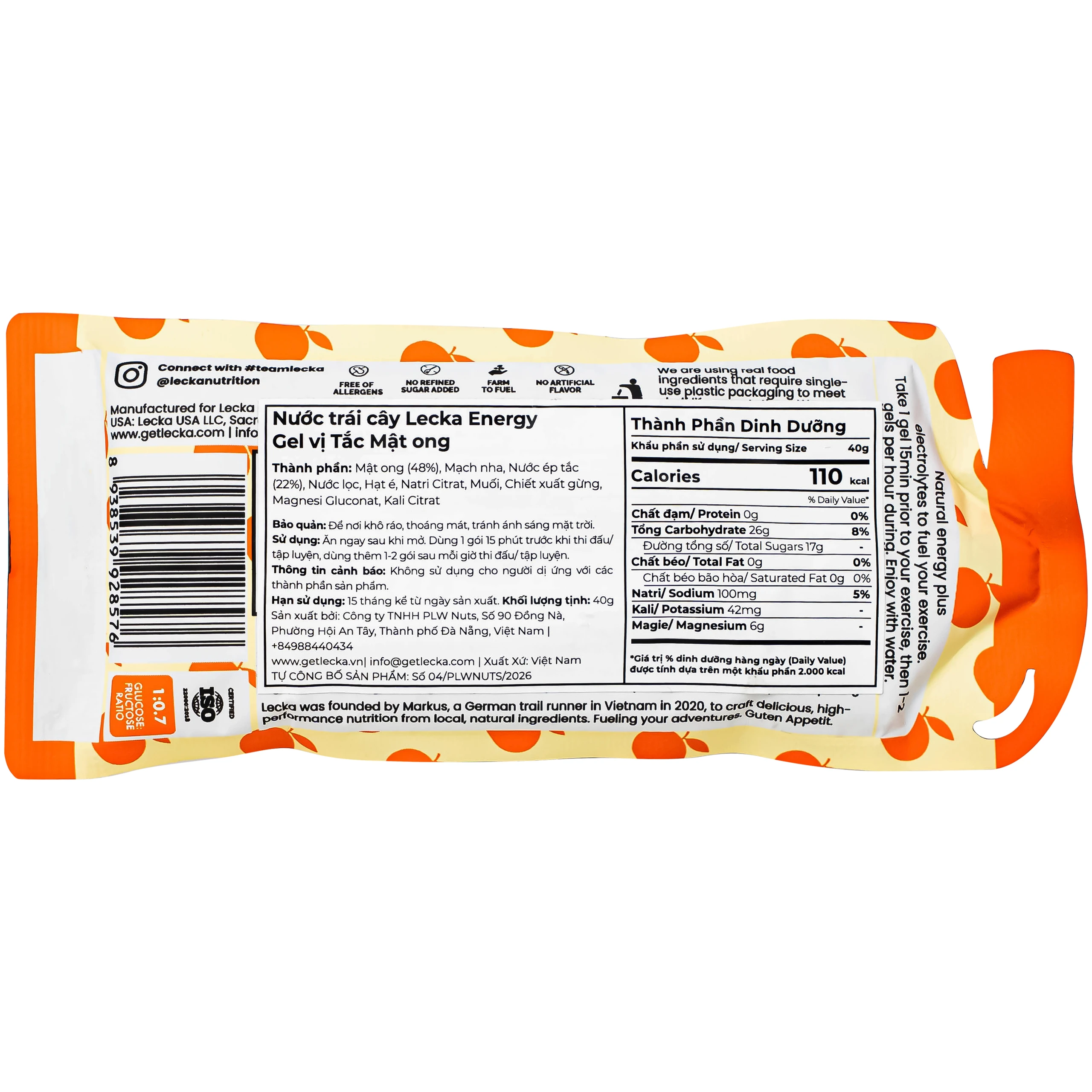 Gel năng lượng Lecka vị tắc mật ong 12 gói x 40g