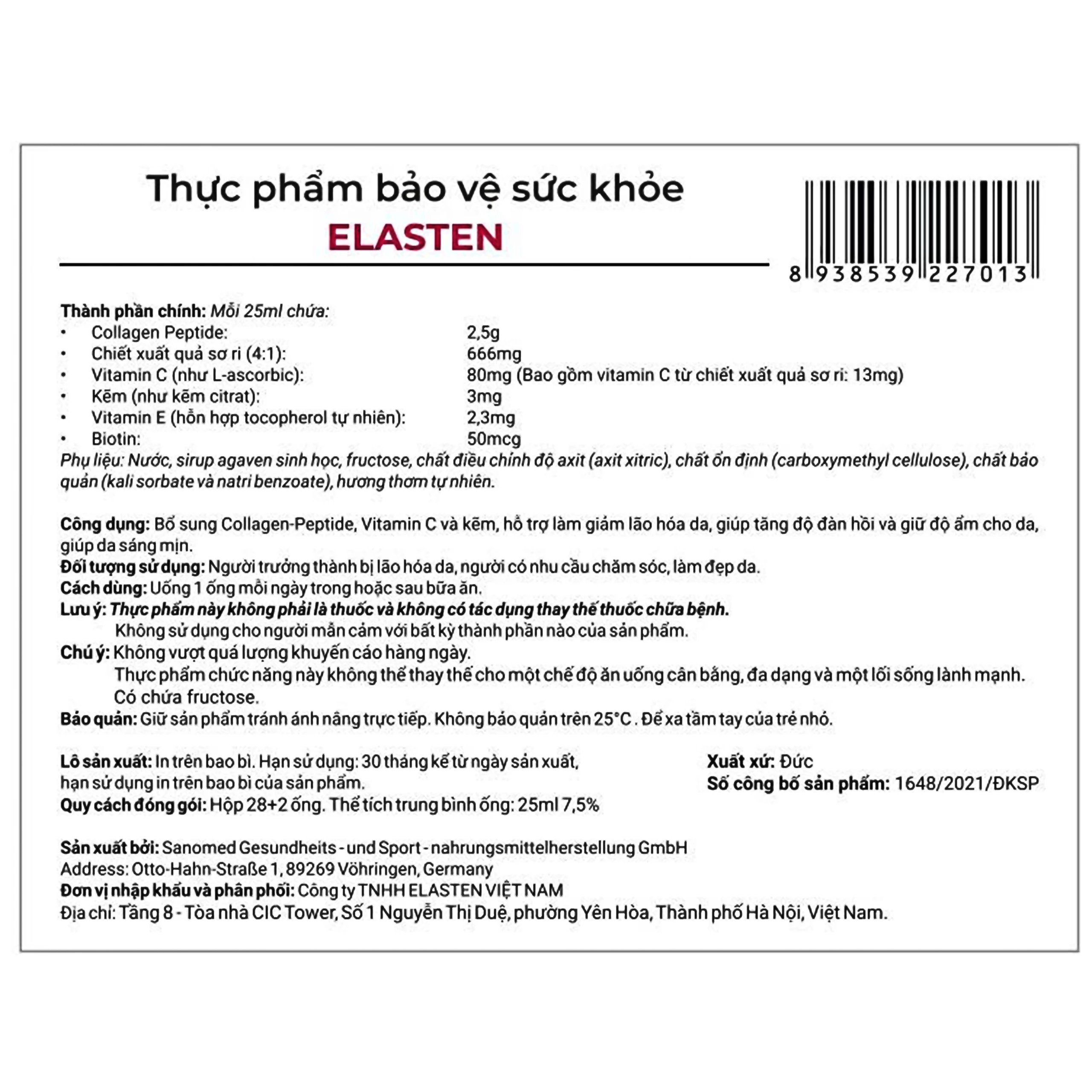 TPBVSK bổ sung Collagen-Peptide, giúp giảm lão hóa da, tăng độ đàn hồi và giữ ẩm cho da, giúp da sáng mịn Elasten 28+2 ống x 25ml