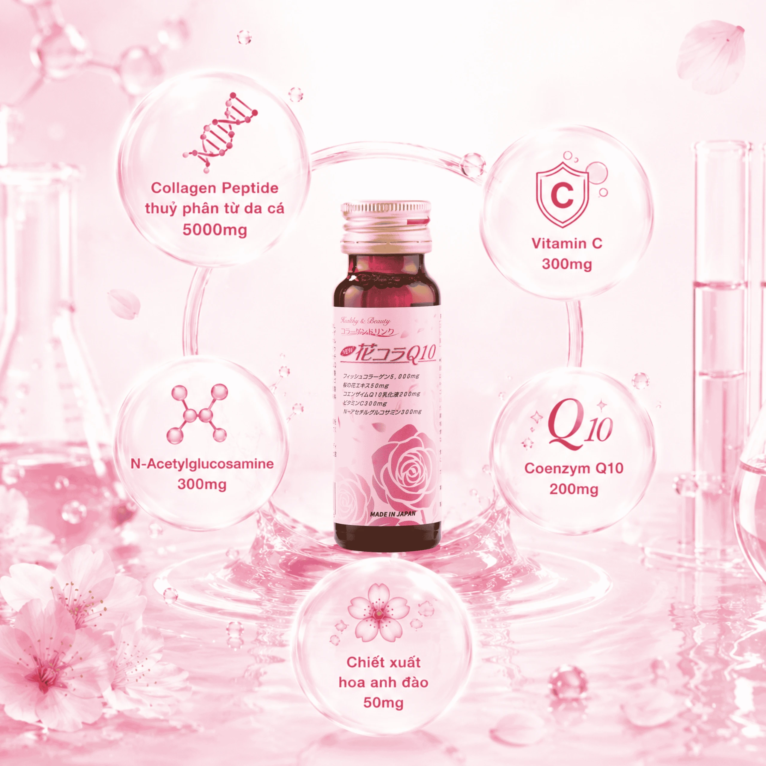 Chai uống bổ sung collagen giúp đẹp da tăng độ ẩm cho da và độ đàn hồi cho da Hana Colla Q10 Jpanwell (10 chai x 50ml) 4