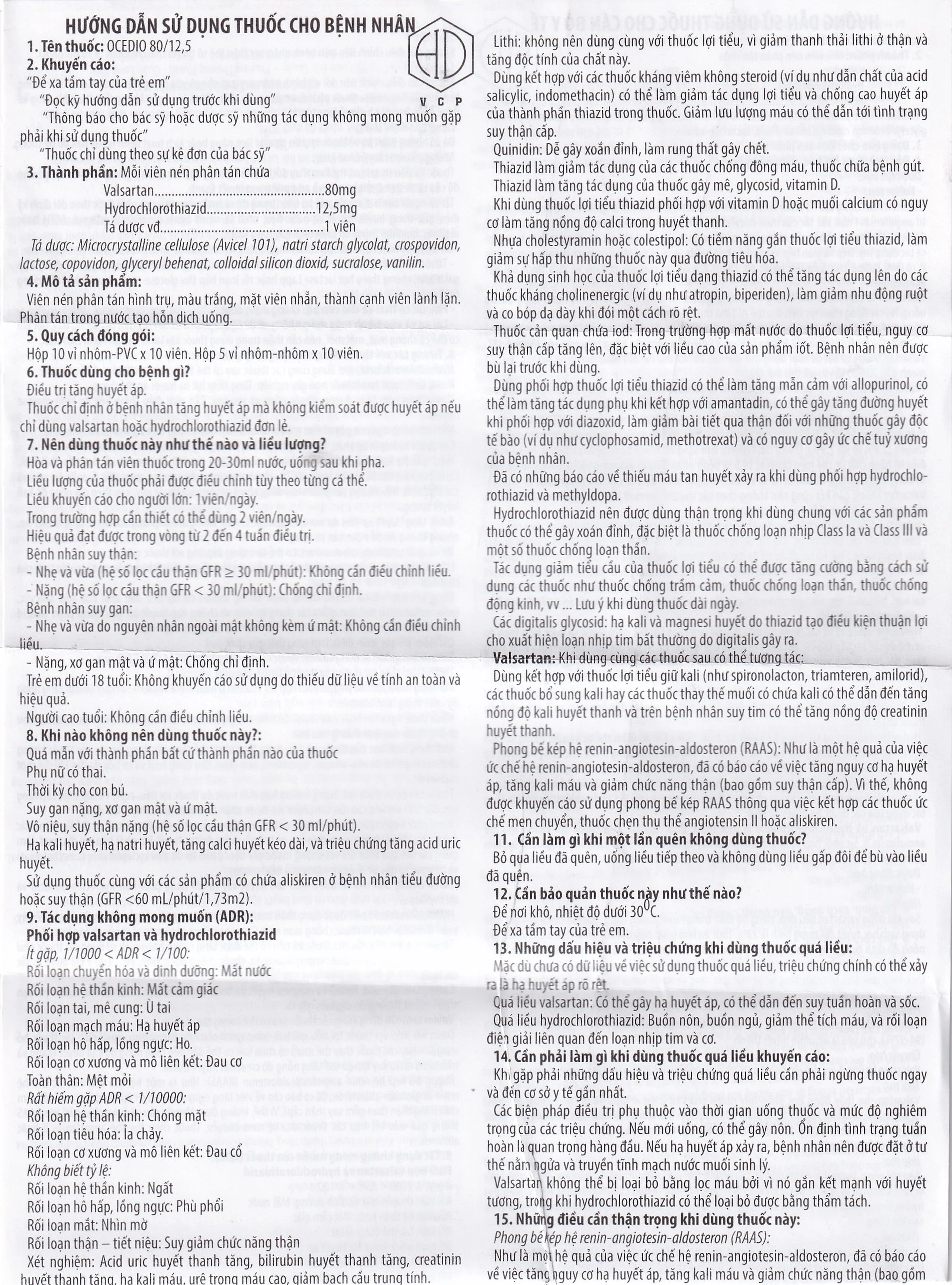 Thuốc Ocedio 80/12.5 VCP điều trị cao huyết áp (5 vỉ x 10 viên)