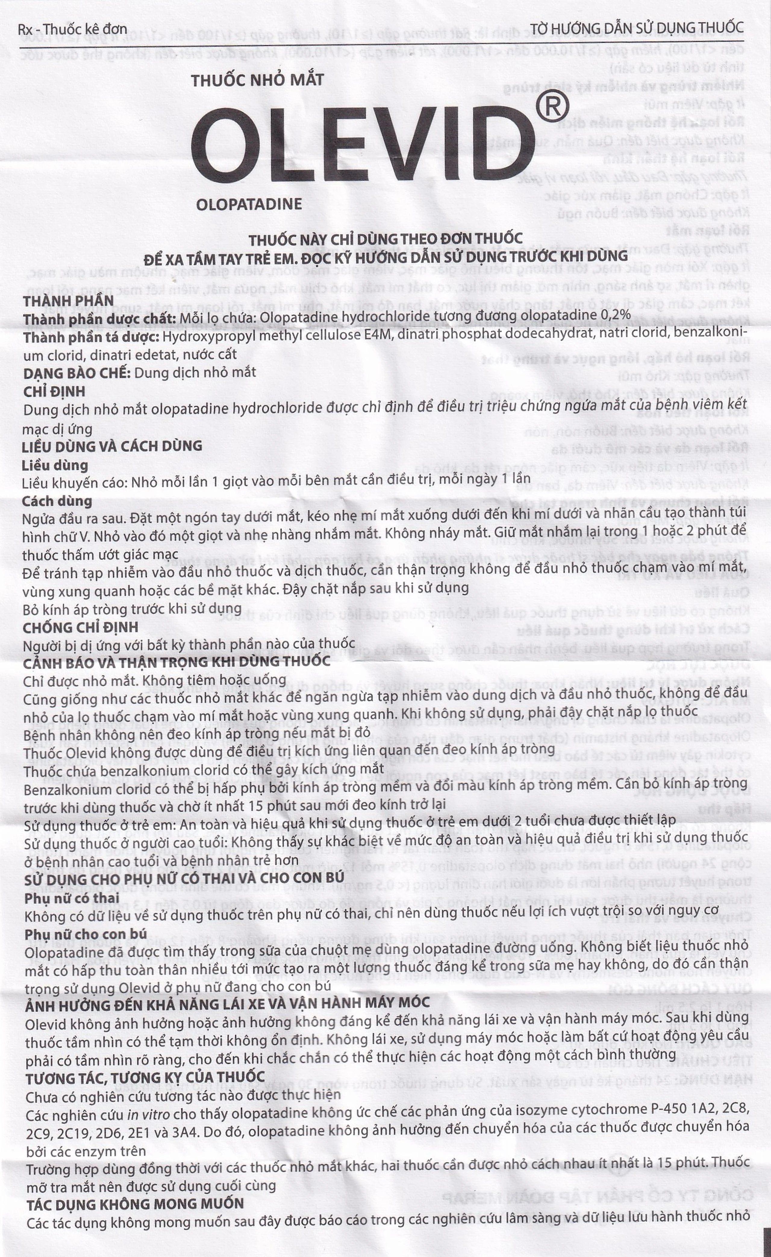 Thuốc nhỏ mắt Olevid Olopatadine 5ml Merap điều trị triệu chứng ngứa mắt của bệnh viêm kết mạc dị ứng