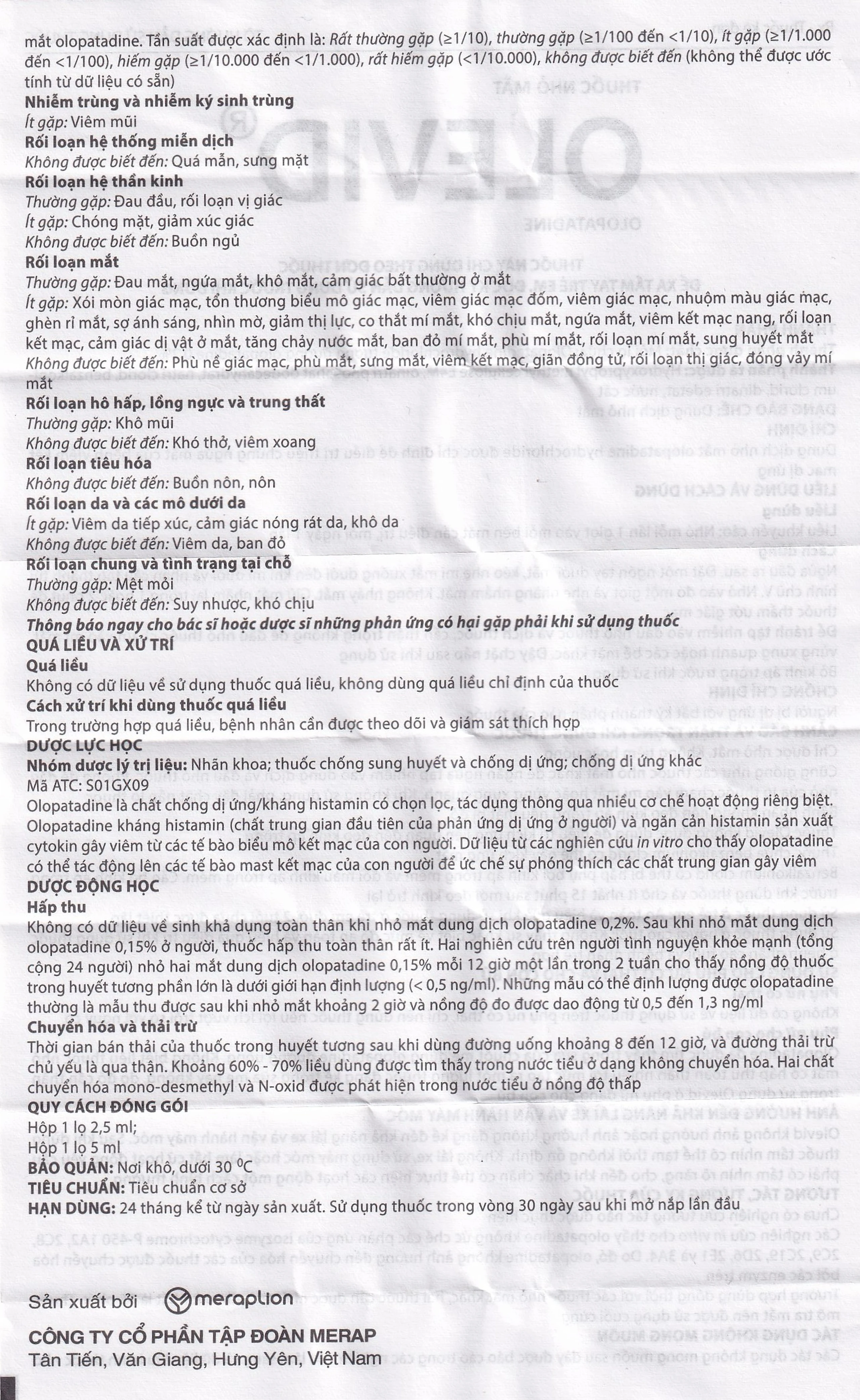 Thuốc nhỏ mắt Olevid Olopatadine 5ml Merap điều trị triệu chứng ngứa mắt của bệnh viêm kết mạc dị ứng