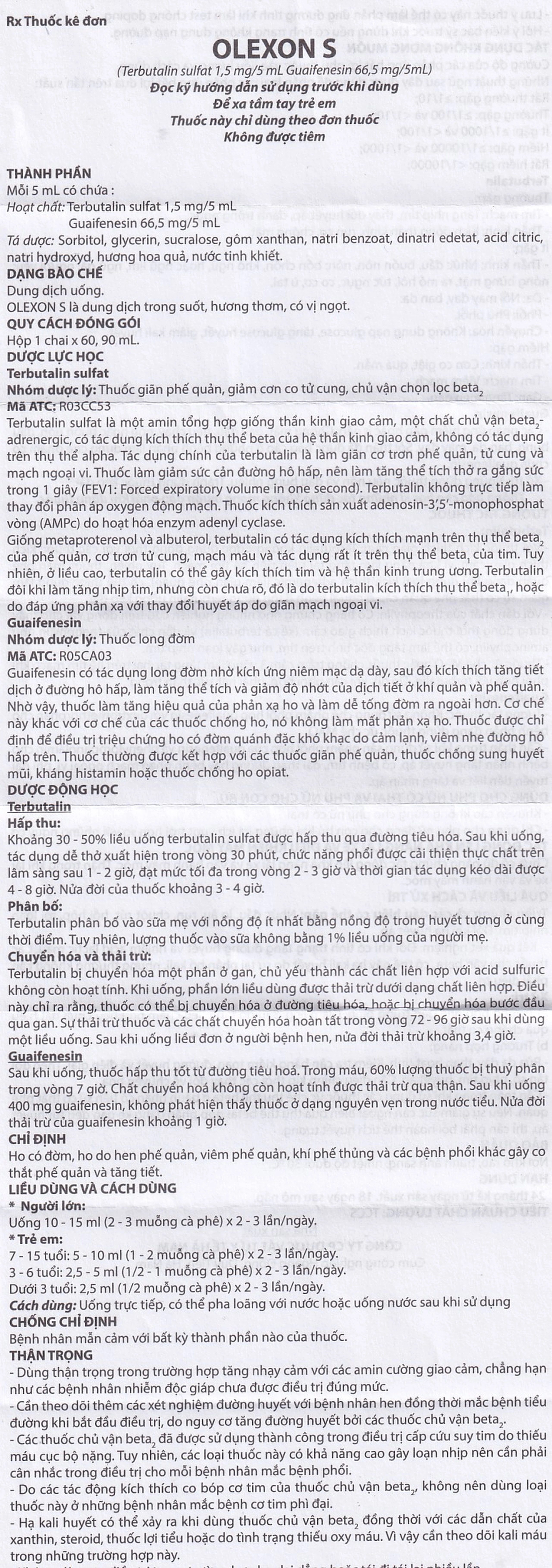 Dung dịch uống Terbutalin sulfat Guaifenesin OLEXON S Hà Nam điều trị ho có đờm, ho do hen phế quản (90ml)