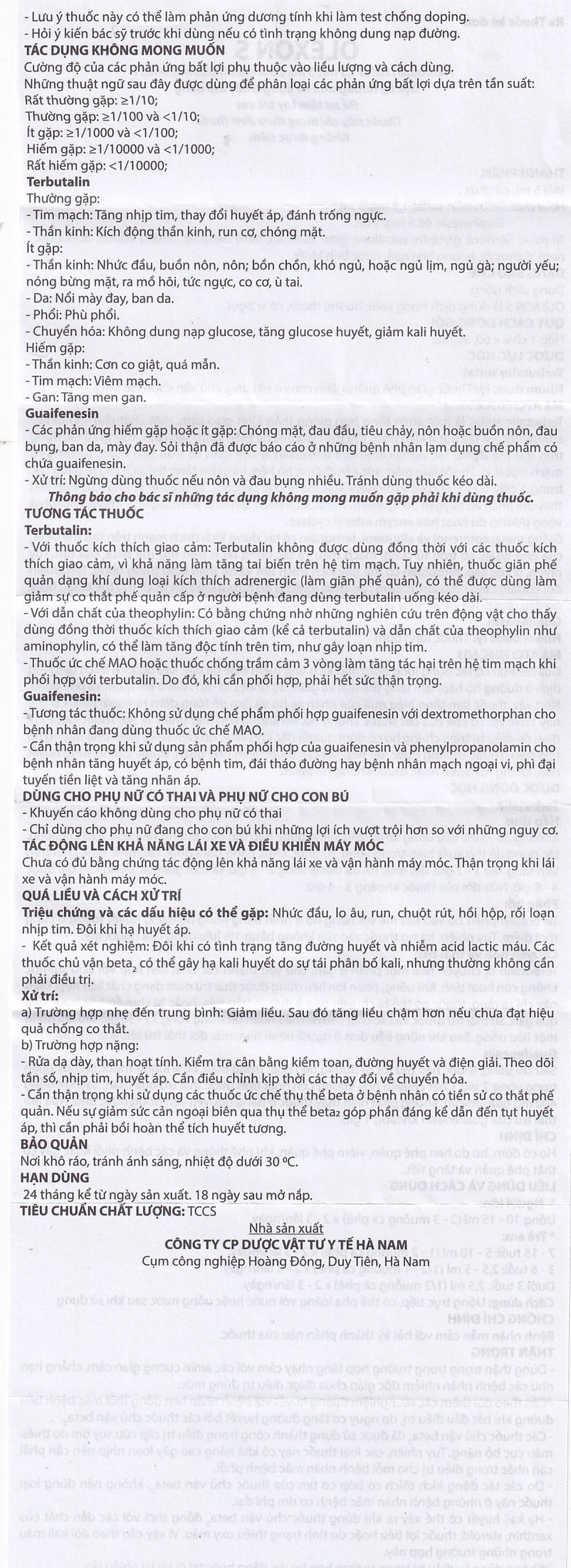 Dung dịch uống Terbutalin sulfat Guaifenesin OLEXON S Hà Nam điều trị ho có đờm, ho do hen phế quản (90ml)