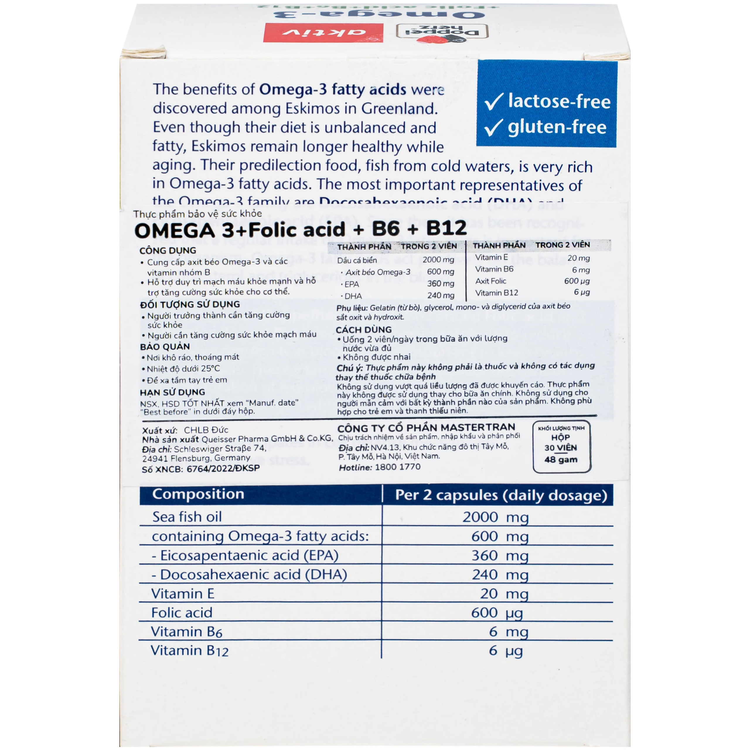 Viên uống hỗ trợ mạch máu khỏe mạnh Omega-3 + Folic acid + B6 + B12 (3 vỉ x 10 viên)