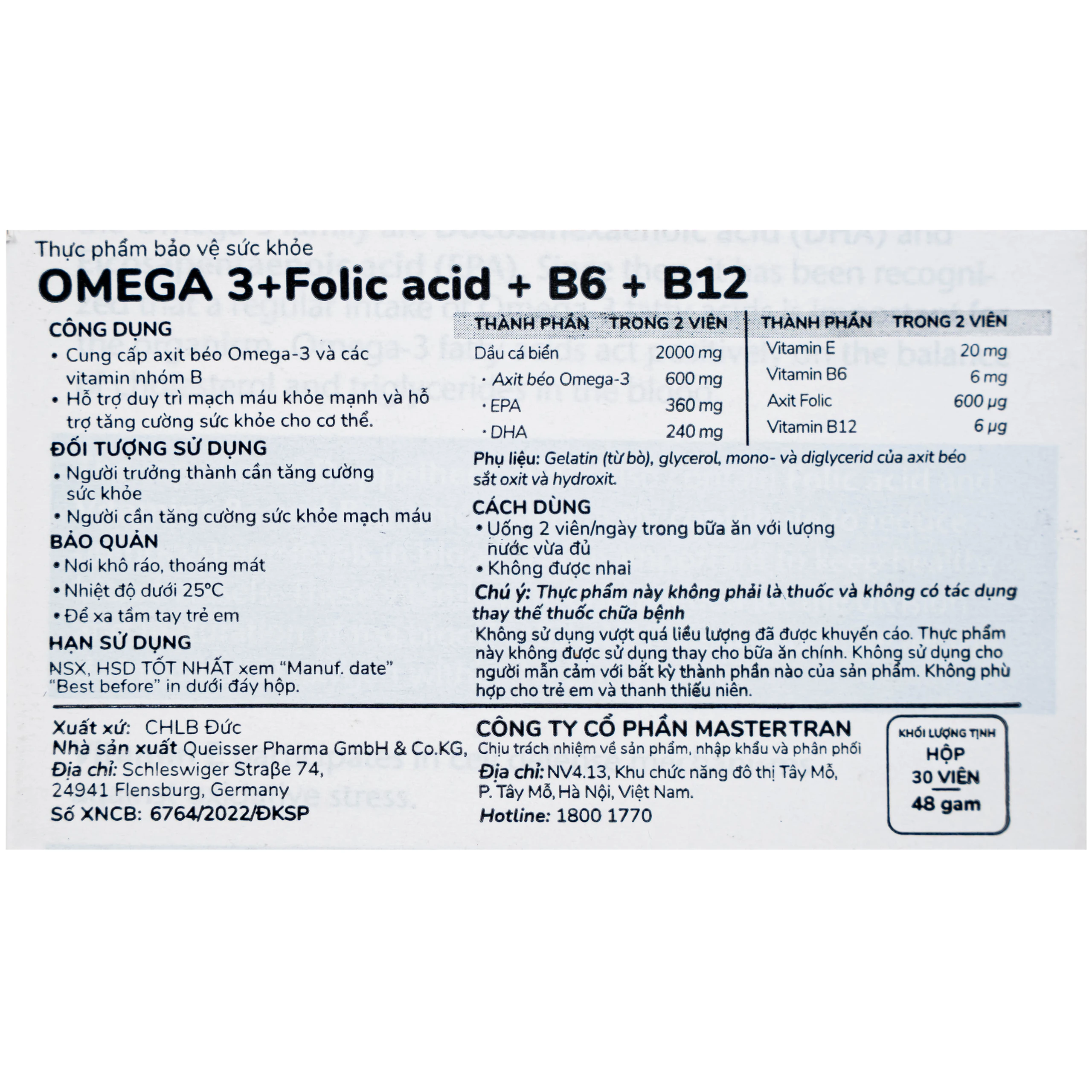 Viên uống hỗ trợ mạch máu khỏe mạnh Omega-3 + Folic acid + B6 + B12 (3 vỉ x 10 viên)