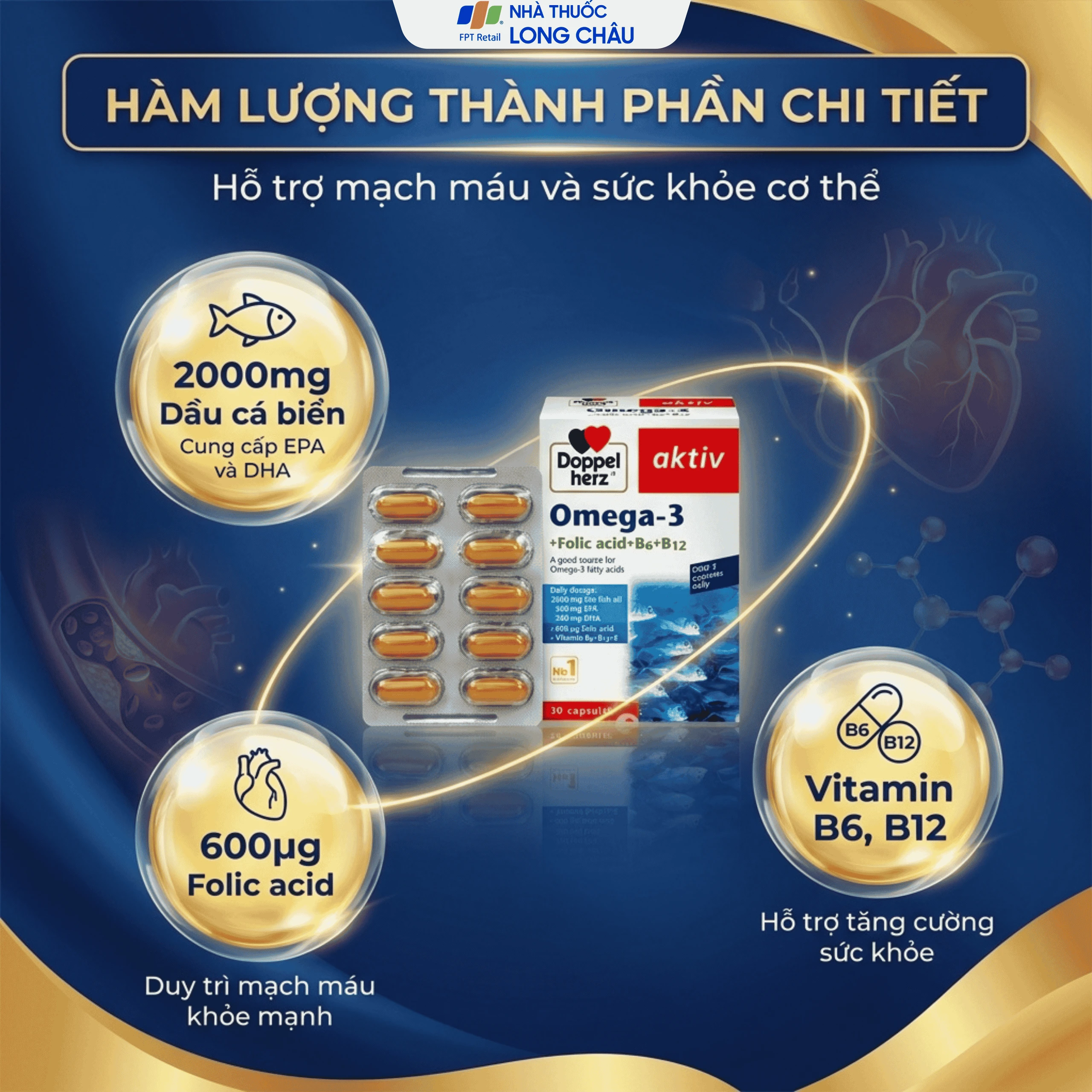 Viên uống hỗ trợ mạch máu khỏe mạnh Omega-3 + Folic acid + B6 + B12 (3 vỉ x 10 viên) 5