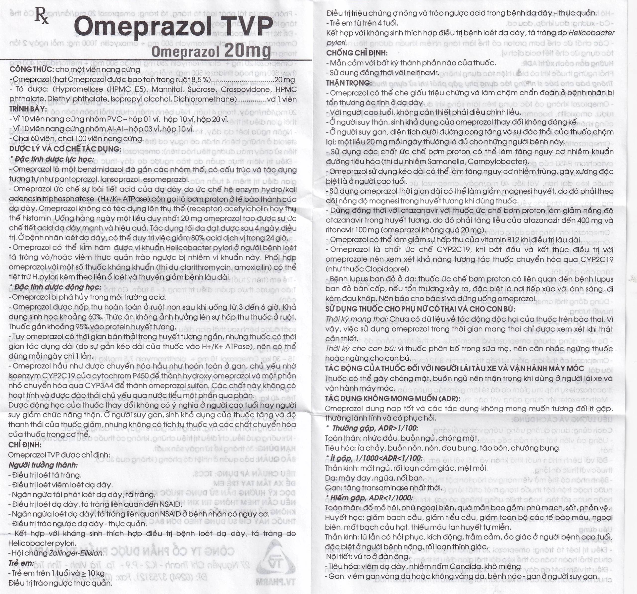 Viên nang cứng Omeprazol TVP 20mg điều trị loét tá tràng, viêm loét dạ dày (3 vỉ x 10 viên) 