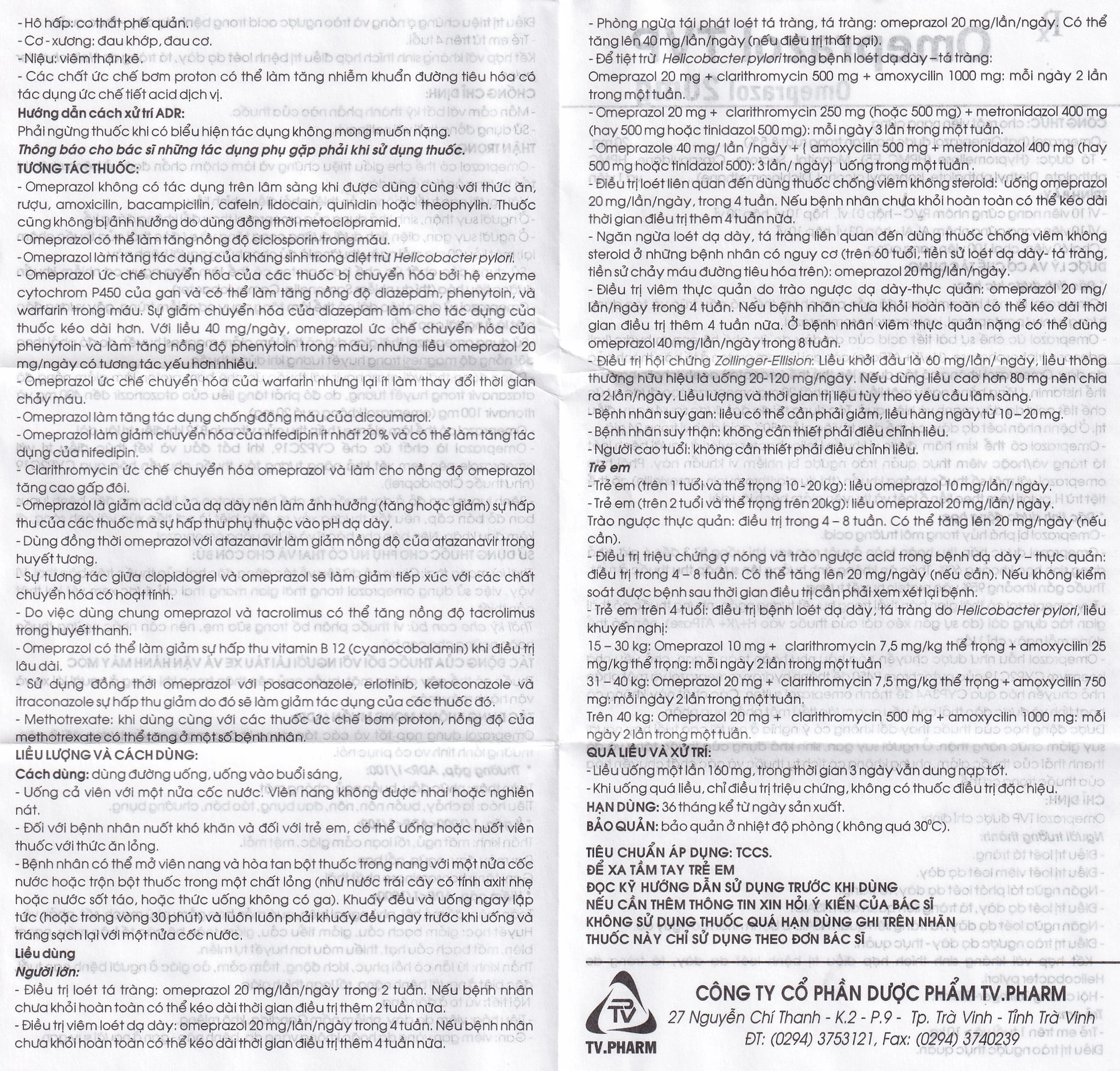 Viên nang cứng Omeprazol TVP 20mg điều trị loét tá tràng, viêm loét dạ dày (3 vỉ x 10 viên) 