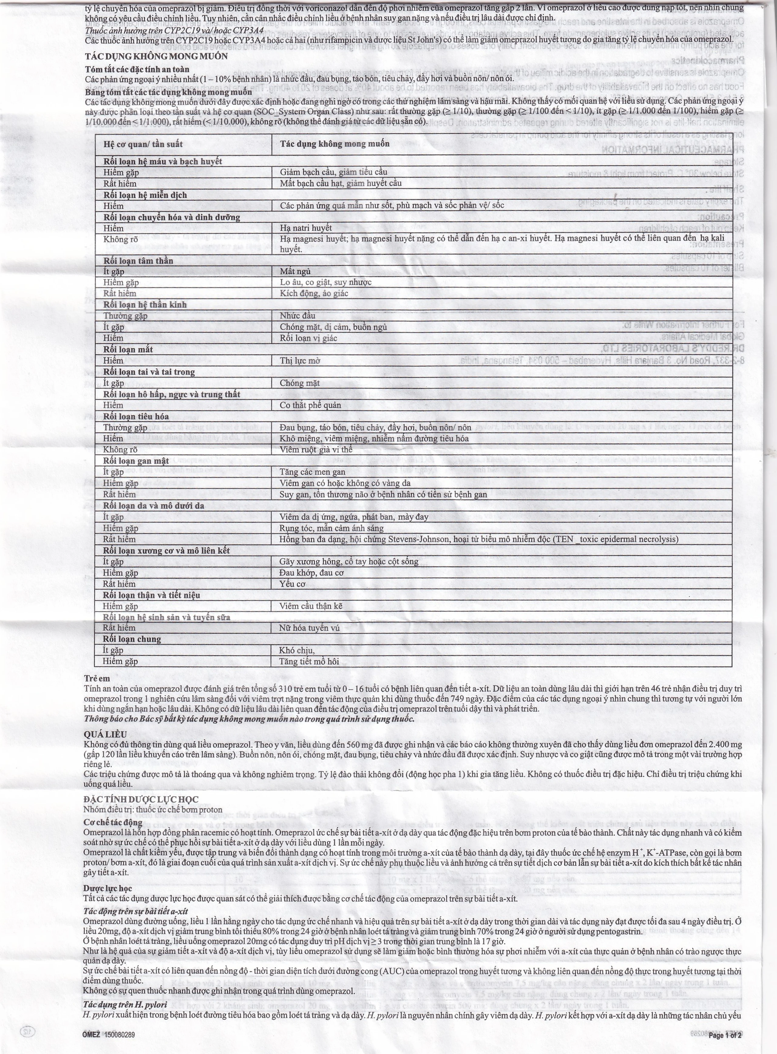Viên nang cứng Omez 20mg Dr.Reddy's điều trị và dự phòng tái phát loét tá tràng (2 vỉ x 10 viên)