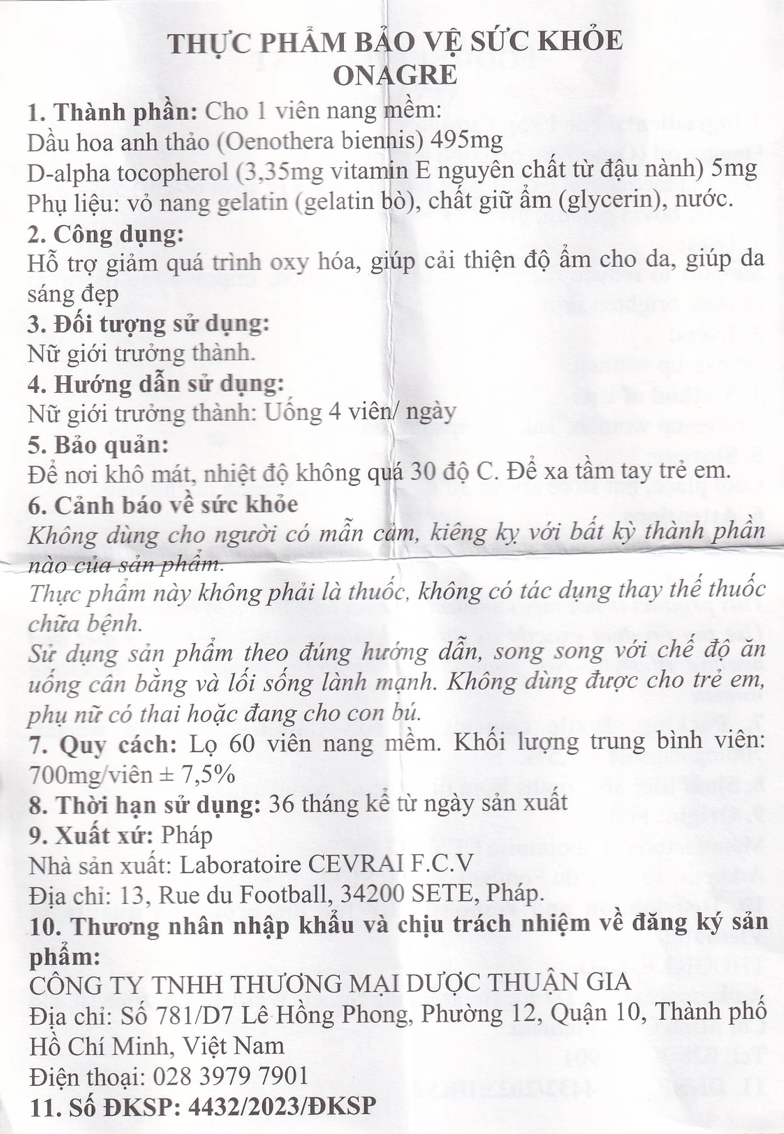 Viên uống giúp da sáng đẹp, giảm quá trình oxy hóa, cải thiện độ ẩm cho da Onagre Cevrai (60 viên)