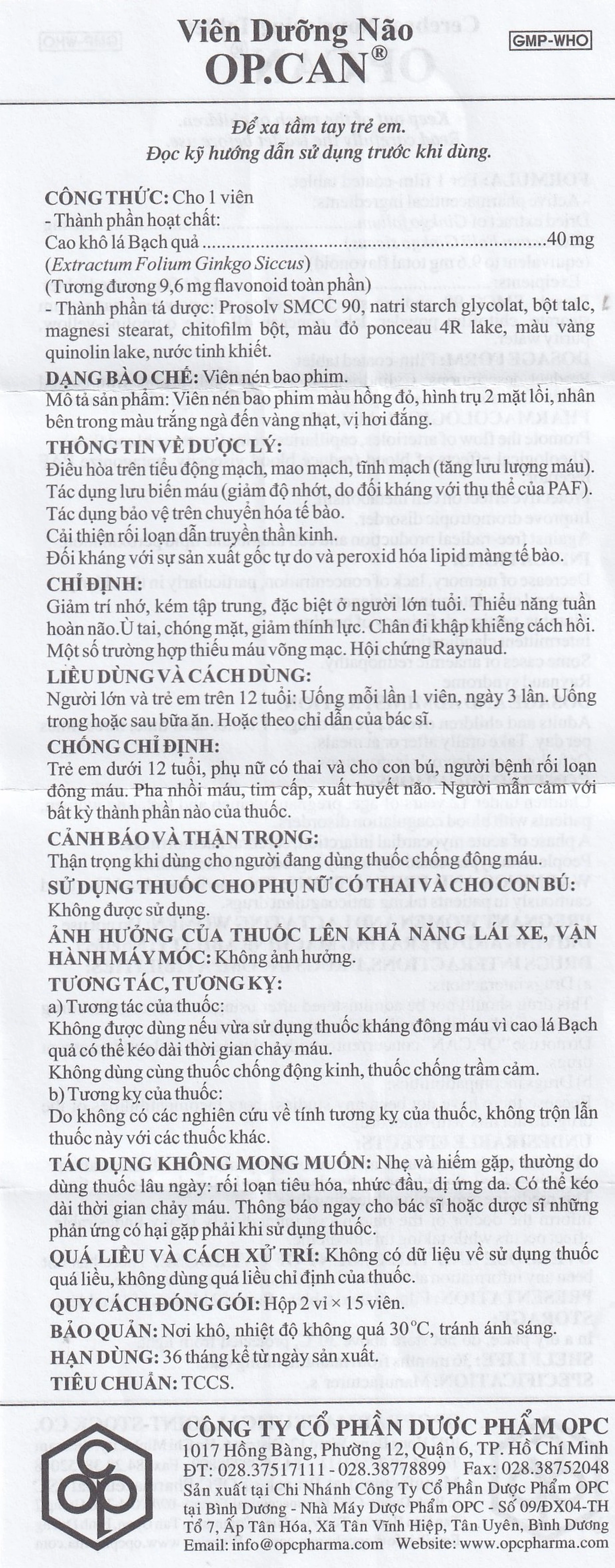 Viên dưỡng não O.P.CAN OPC điều trị giảm trí nhớ, kém tập trung, thiểu năng tuần hoàn não (2 vỉ x 15 viên) 7