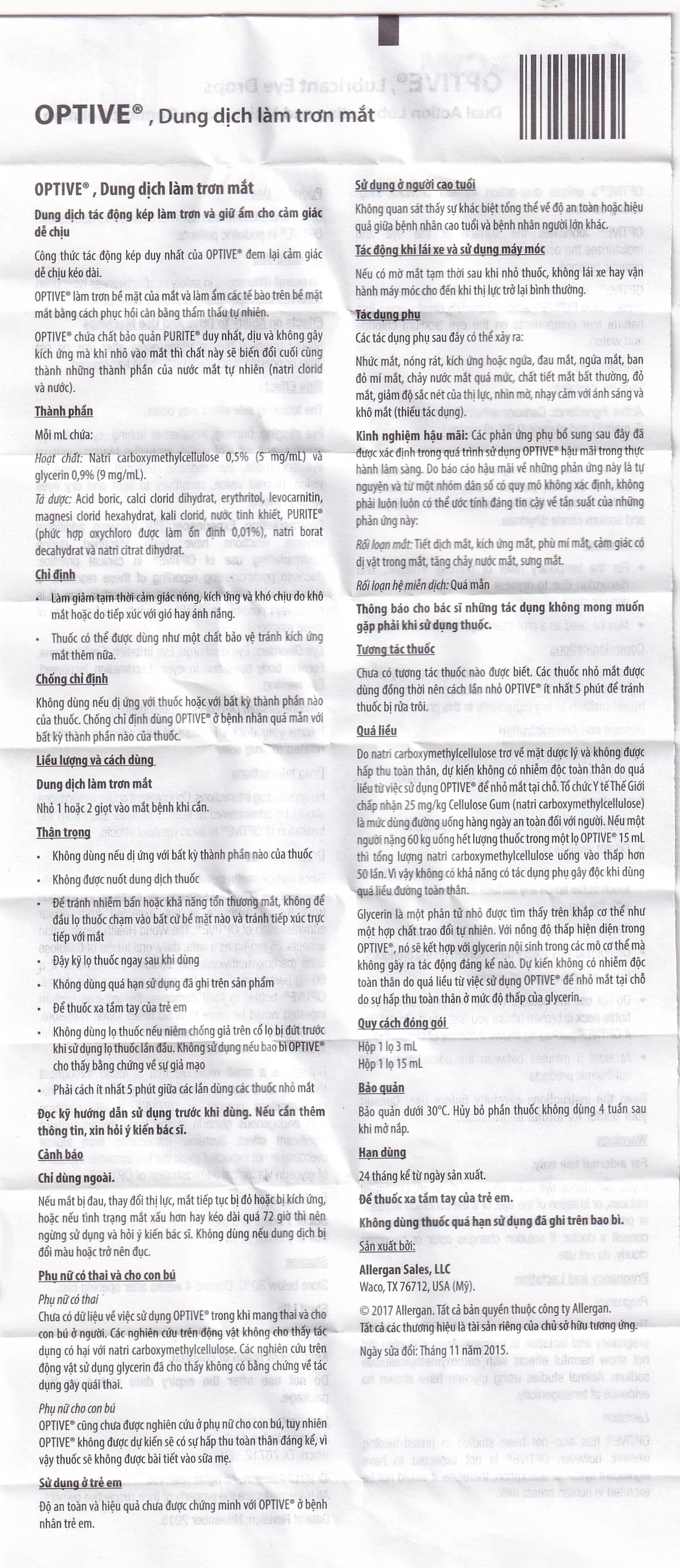 Thuốc nhỏ mắt Optive Allergan giảm nóng, kích ứng và khó chịu do khô mắt (15ml)