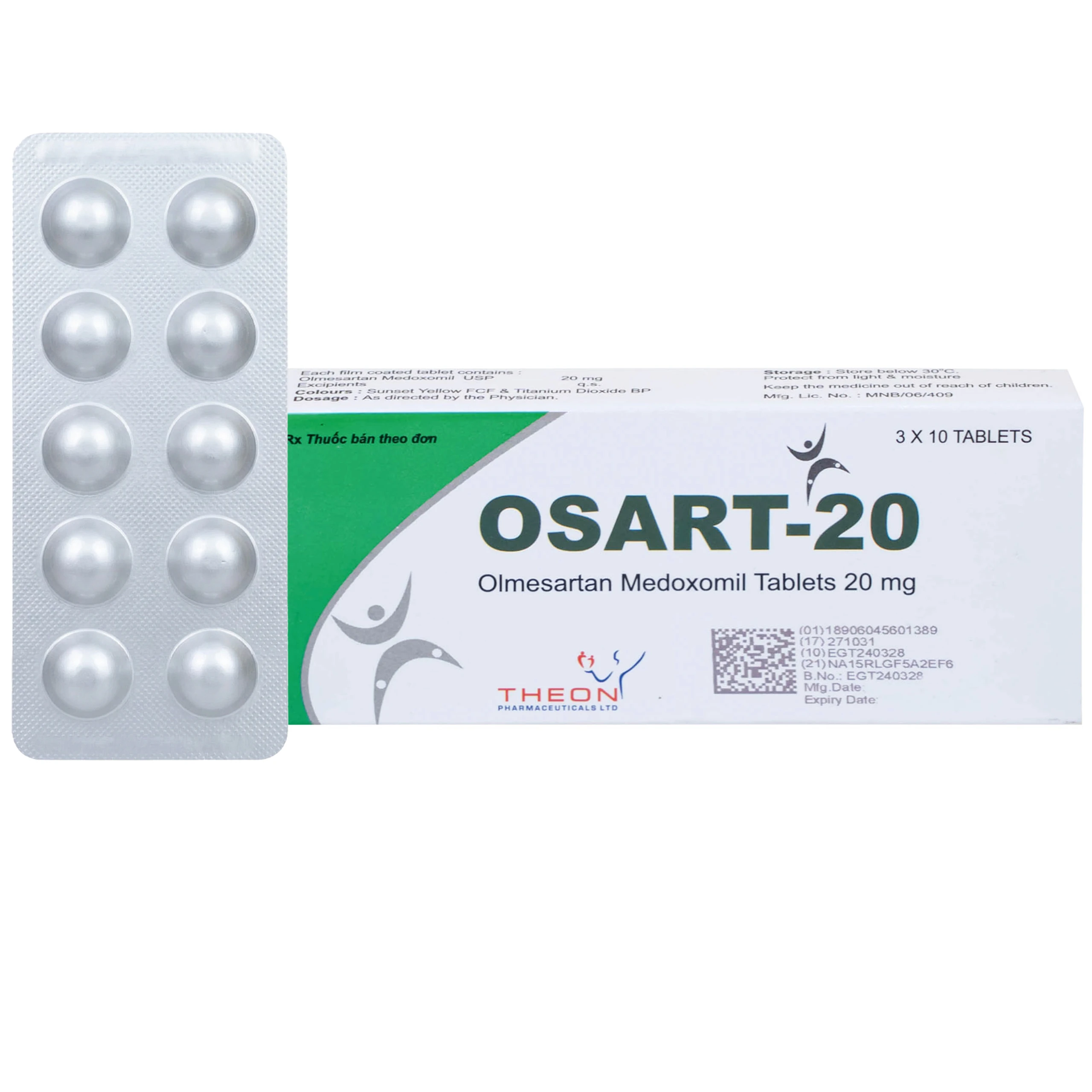 Viên nén Osart-20 Theon Pharma điều trị tăng huyết áp, xơ vữa động mạch (3 vỉ x 10 viên)