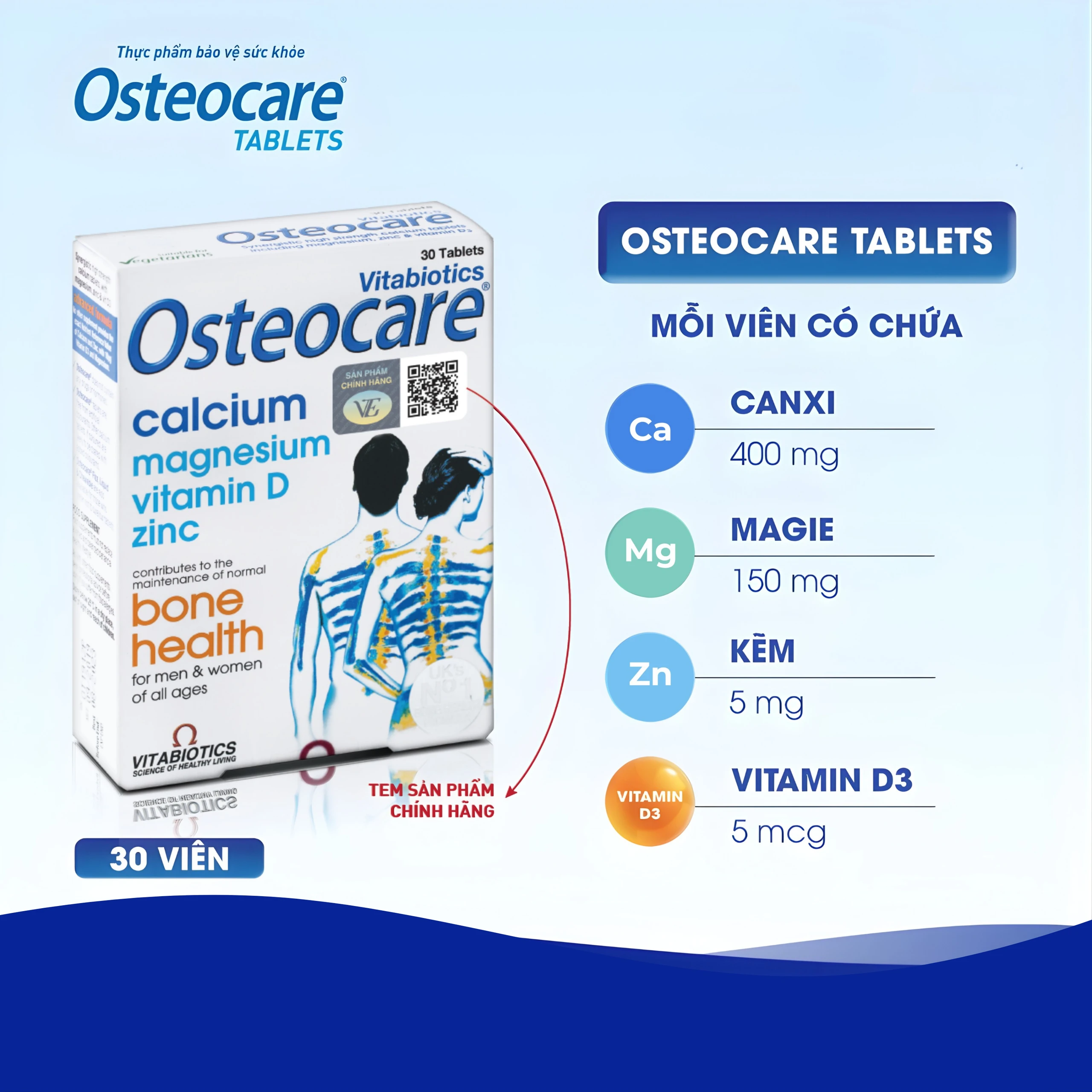 Viên bổ sung canxi khoáng chất chắc xương khoẻ khớp Vitabiotics Osteocare (2 vỉ x 15 viên)