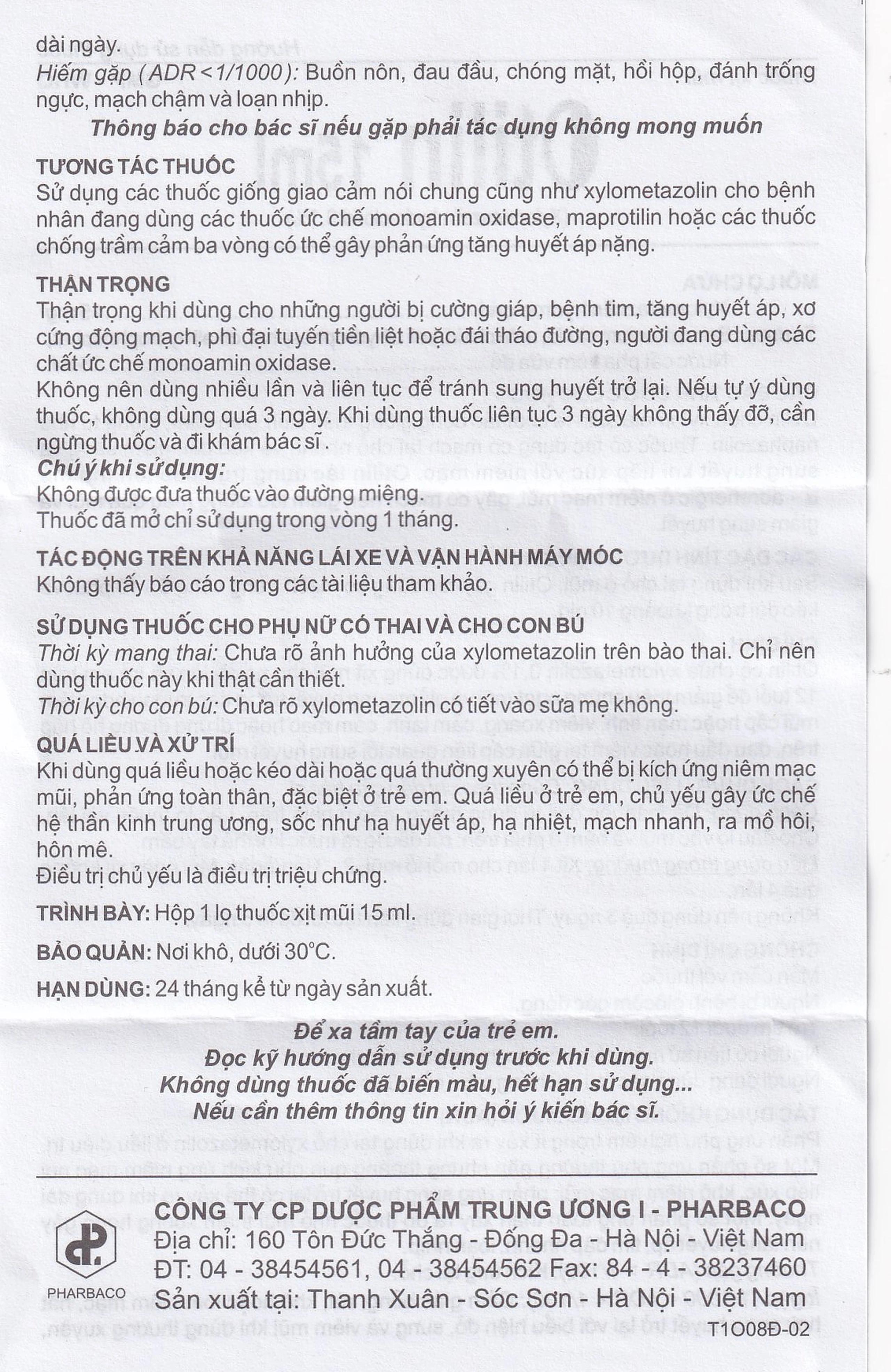 Thuốc xịt mũi Otilin 0.1% Pharbaco giảm ngạt mũi, sung huyết trong viêm mũi (15ml)