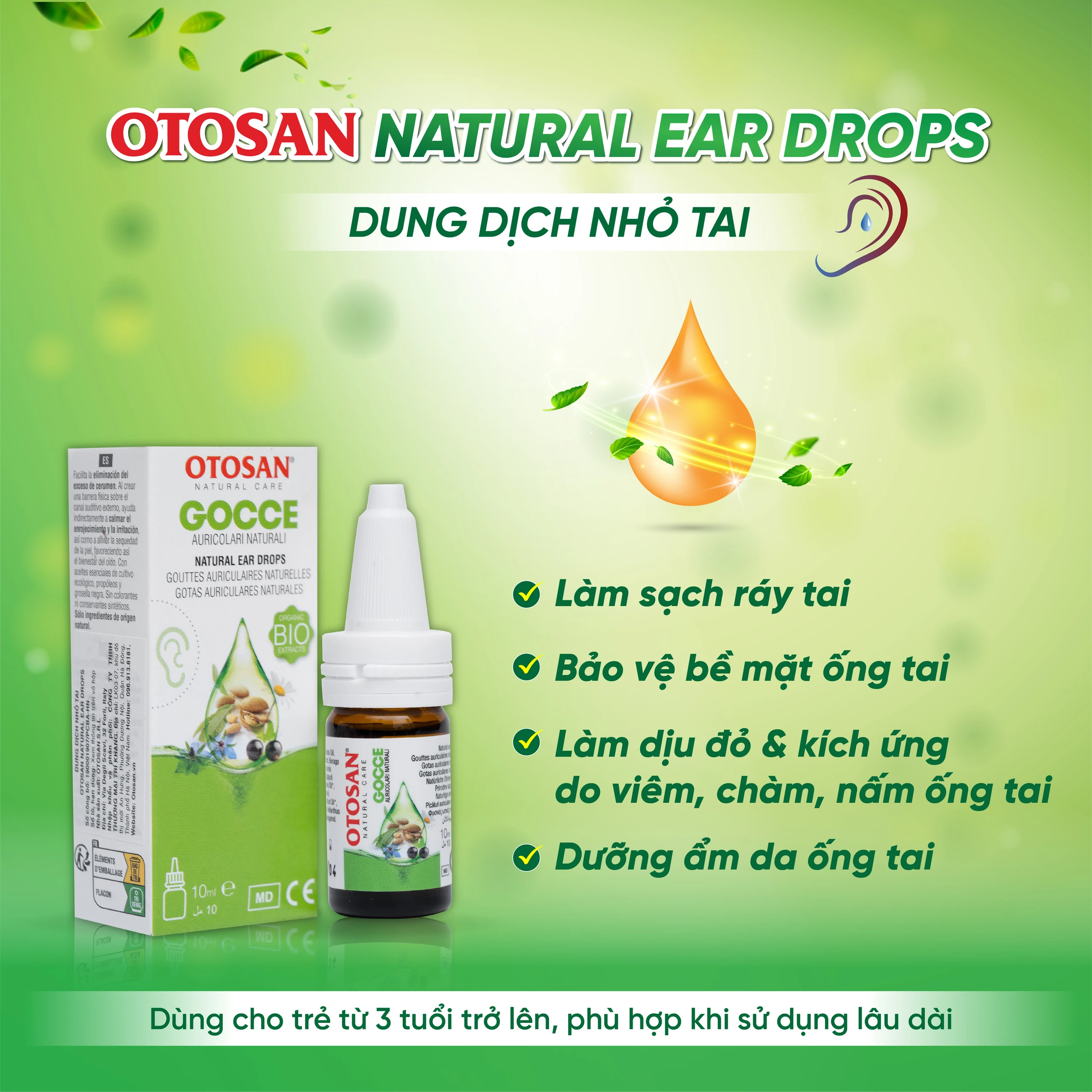 Dung dịch nhỏ tai Otosan Natural Ear Drops 10ml giảm đau, chống viêm, làm sạch tai 2