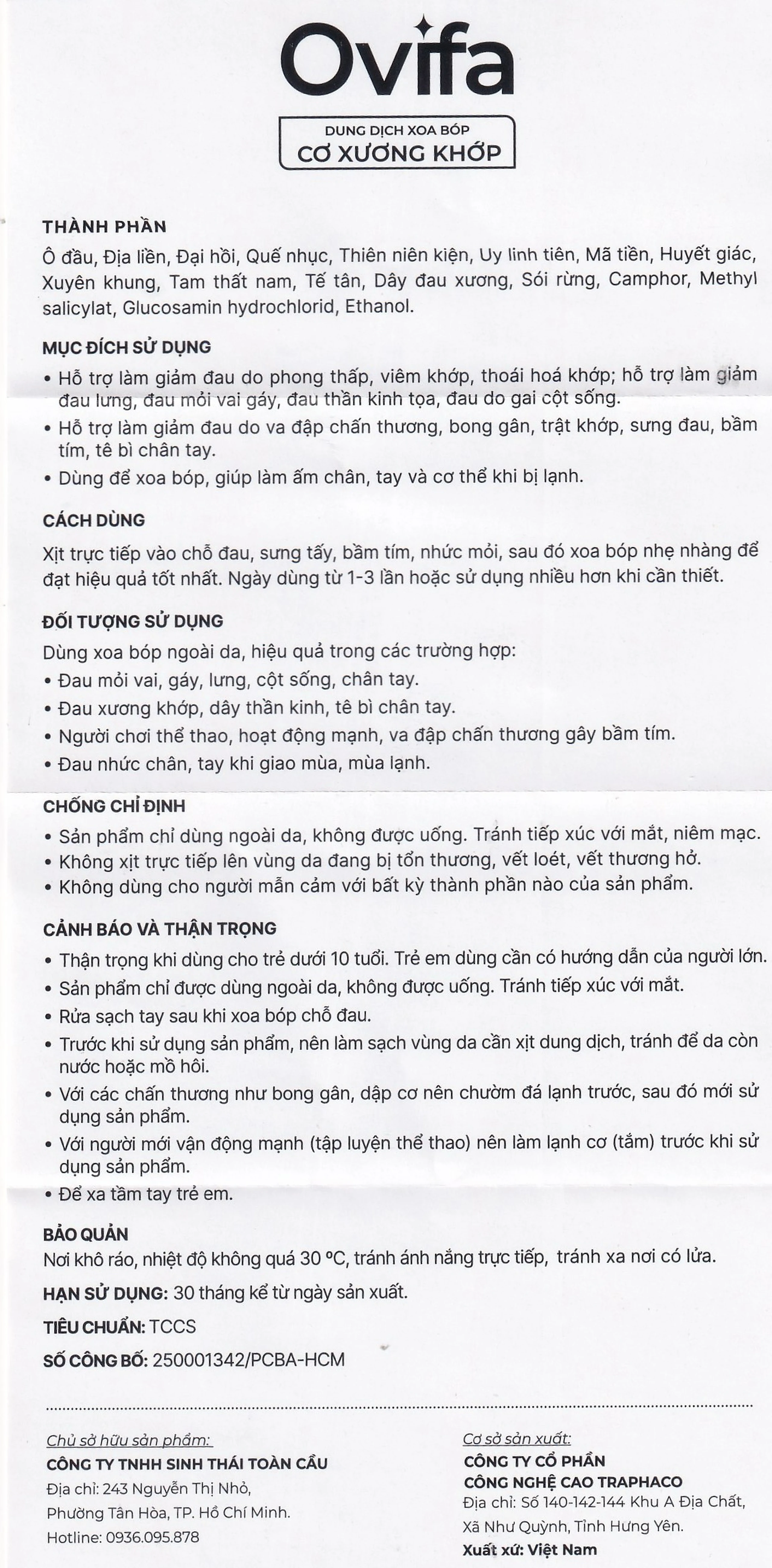 Xịt xoa bóp, giảm đau, nhức xương khớp Ovifa 60ml