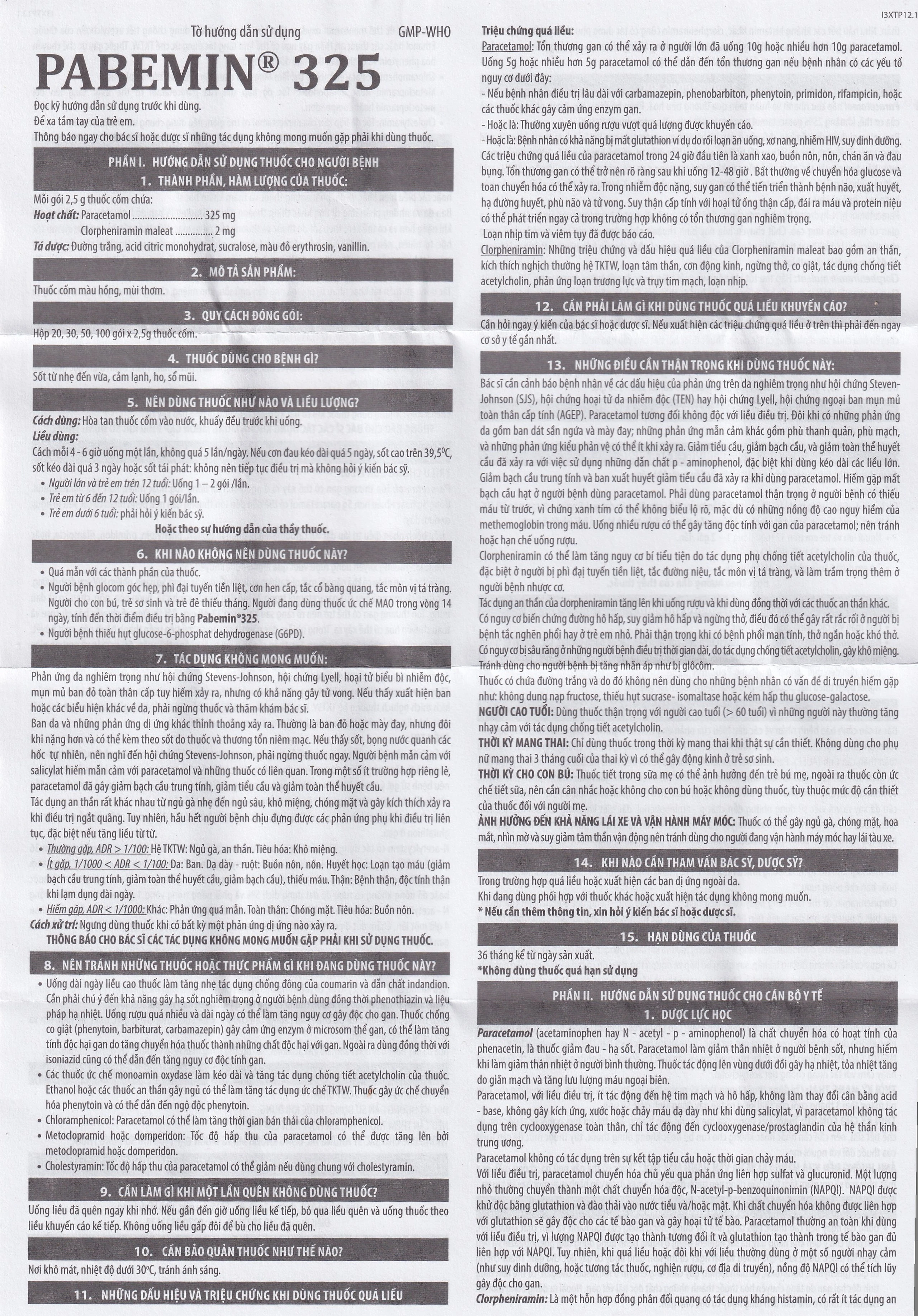 Cốm Pabemin 325 Pharimexco điều trị sốt từ nhẹ đến vừa, cảm lạnh, ho, sổ mũi (30 gói)