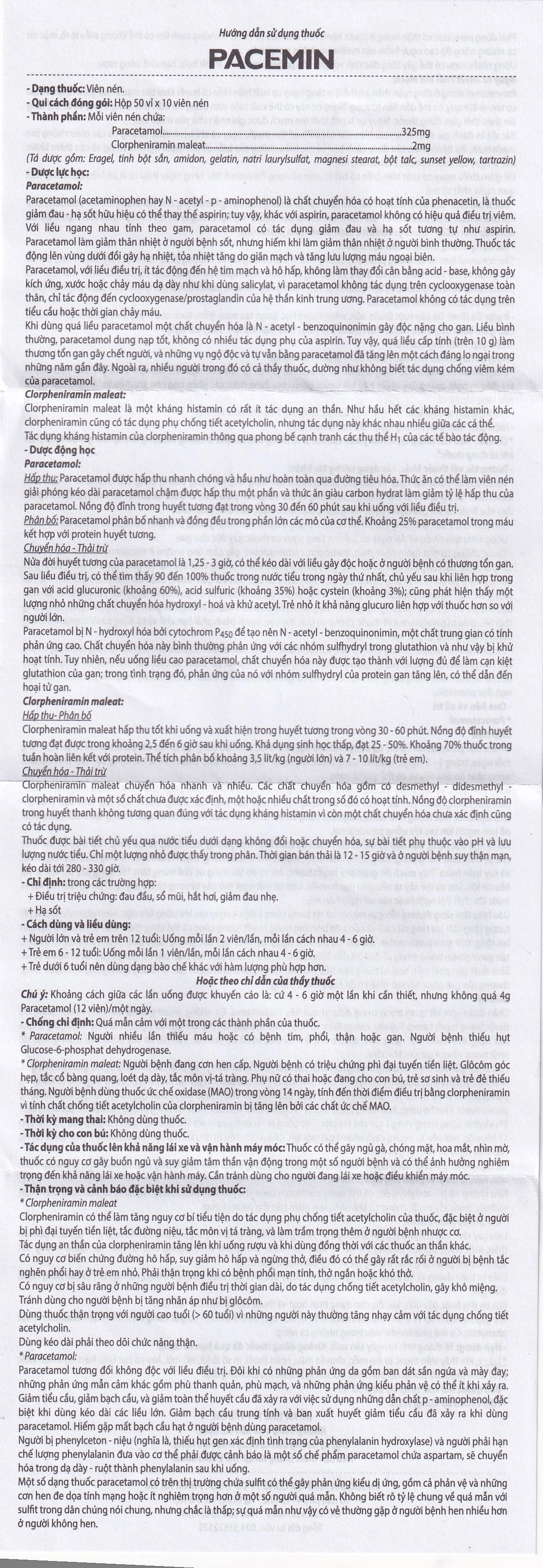 Viên nén Pacemin Hataphar điều trị triệu chứng đau đầu, sổ mũi, hắt hơi, giảm đau nhẹ (50 vỉ x 10 viên)
